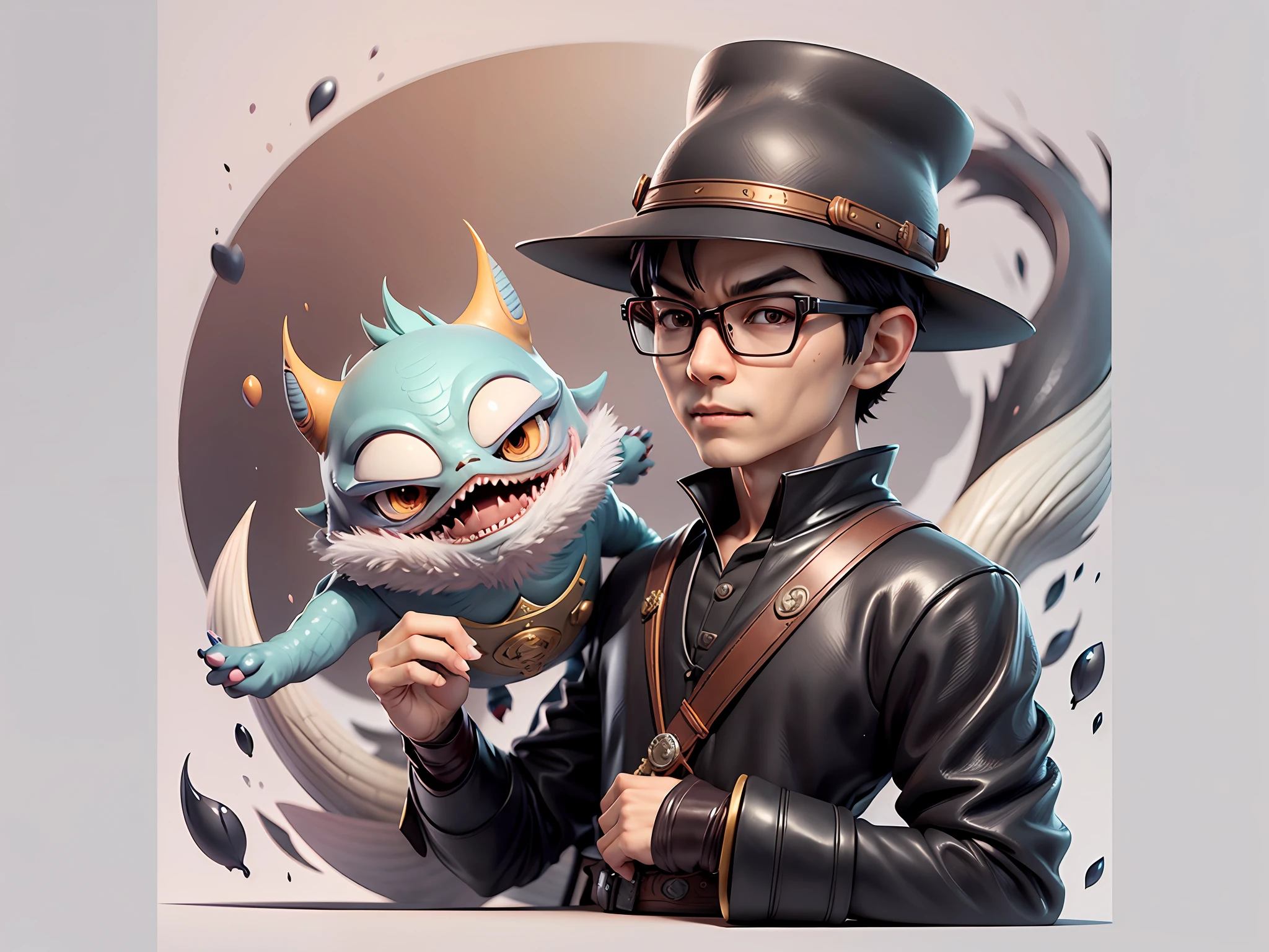 Young man with oriental face in leather hat, dragon, formal suit, short black hair, silver glasses, digital painting, 3D character design by Mark Clairedon and Pixar and Hayao Miyazaki and Akira Toriyama, the illustration is a high-definition illustration in 4K resolution with very detailed facial features and cartoon-style visuals.