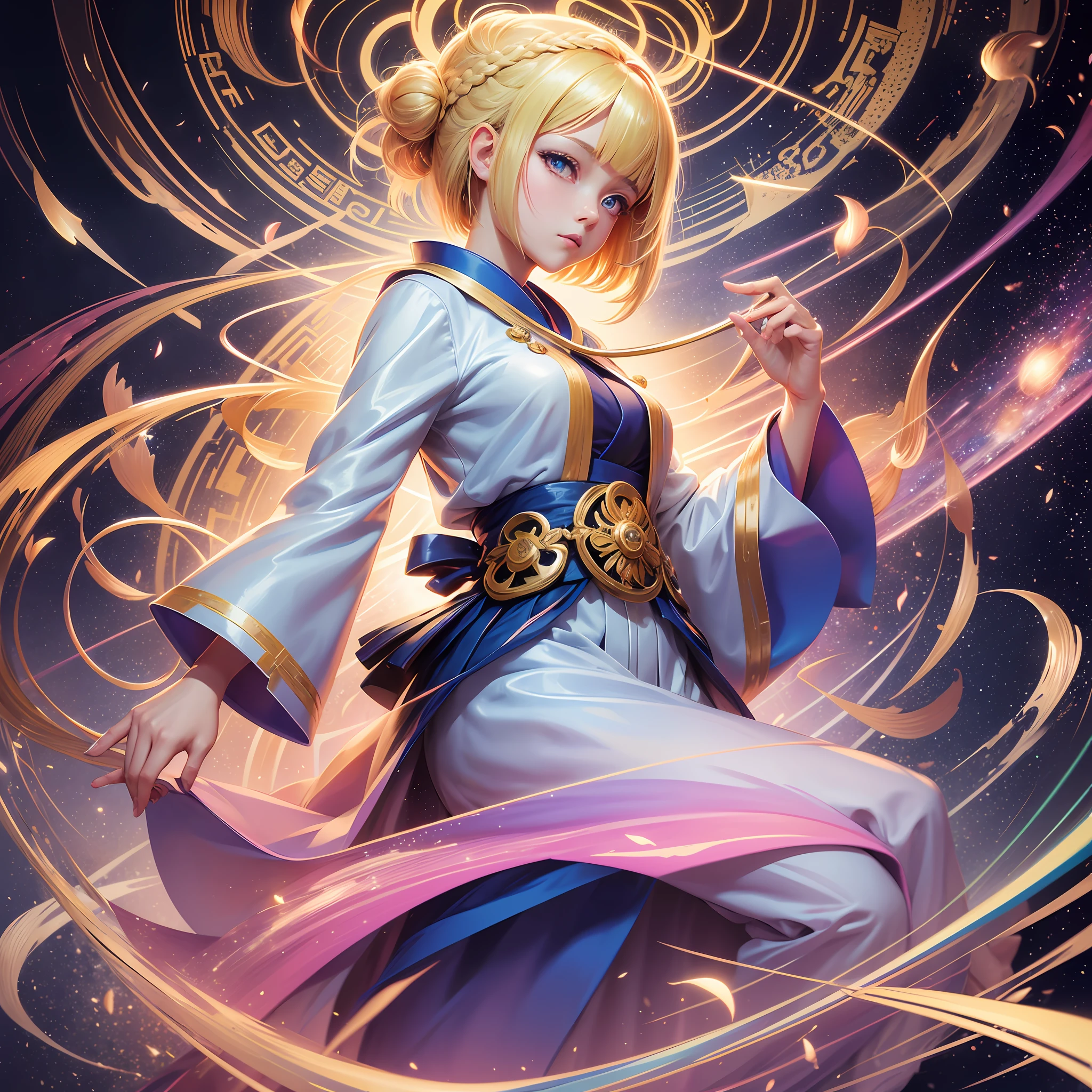 very beautiful cute cool shinto priest, anime, manga, illustration, fantasy, blonde glossy flowing layered long bob cut, french braid, sparkling glossy blue big eyes, full body, background galaxy brilliant magic circle, give off rainbow and gold neon light many thin lines floor and ceiling, high resolution, best quality, very high image quality, ultra detailed, hyper realistic --auto --s2