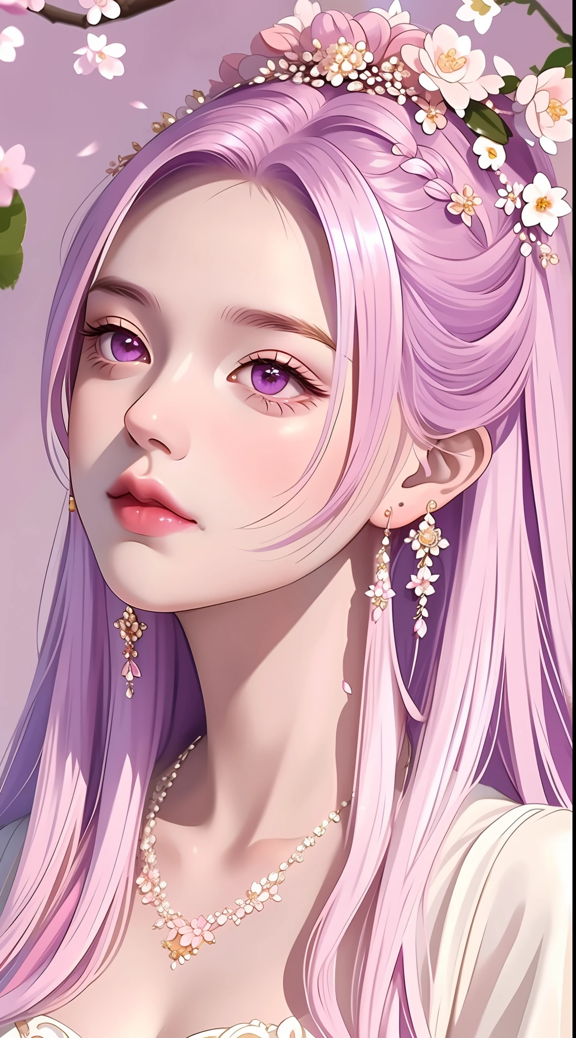 The highest quality, masterpiece, exquisite CG, white hair antique girl, delicate and complex hair accessories, wearing exquisite and gorgeous pink and purple costumes, highlight, withering peach blossom petals, absolutely beautiful, charming, perfect, ultra-clear, 16k, HD