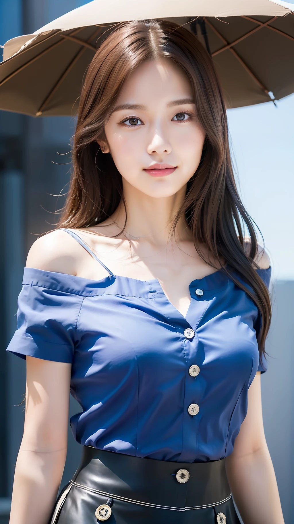 realistic photos of (1 cute Korean star) Shoulder-length hair, thin makeup, medium breasts size, slightly smile, wearing blue short sleeves shirt with buttons, and black skirt, lighthouse is background, close-up, reflection light, glowing light, UHD, retina, 16k