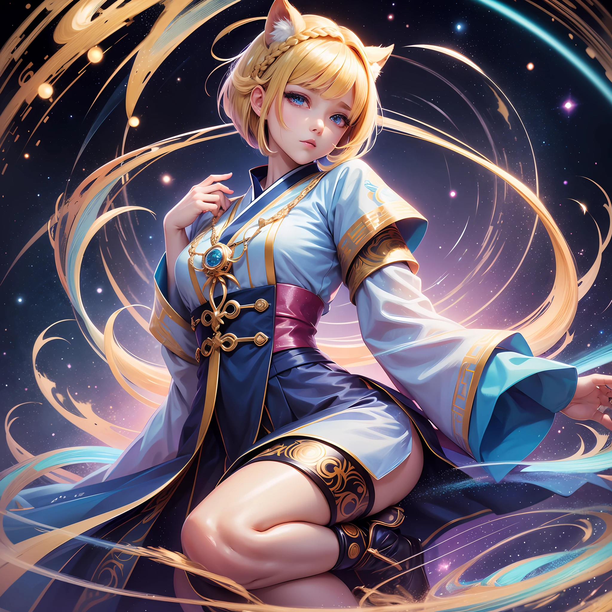 very beautiful cute cool shinto priest, anime, manga, illustration, fantasy, blonde glossy flowing layered long bob cut, french braid, sparkling glossy blue big eyes, full body, background galaxy brilliant magic circle, give off rainbow and gold neon light many thin lines floor and ceiling, high resolution, best quality, very high image quality, ultra detailed, hyper realistic --auto --s2
