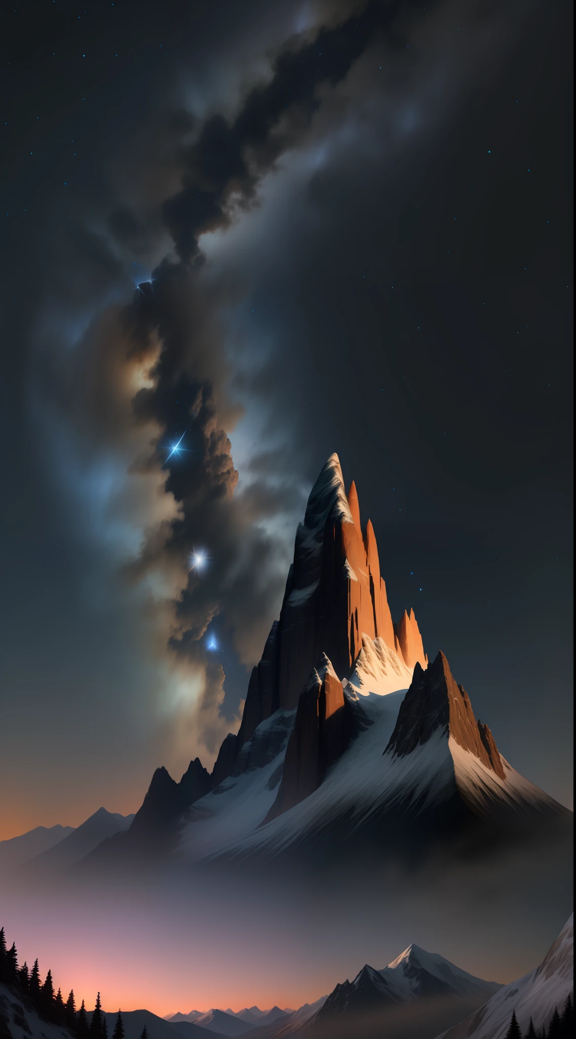 Develop a realistic 8k image of a group of towering mountains under a starry sky