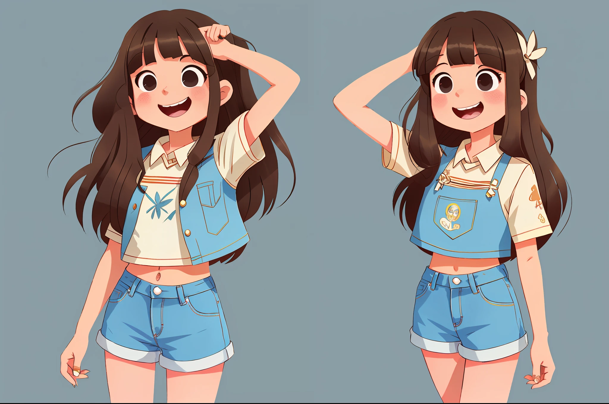 Brunette hair, smile, anime style, full body photo, beautiful girl with long hair, super shorts, busty, faded border, super detail, best quality, --version 5