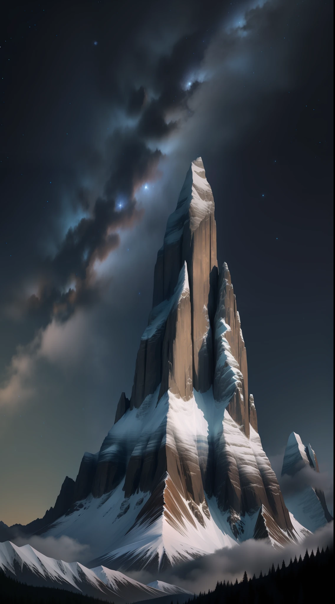 Develop a realistic 8k image of a group of towering mountains under a starry sky