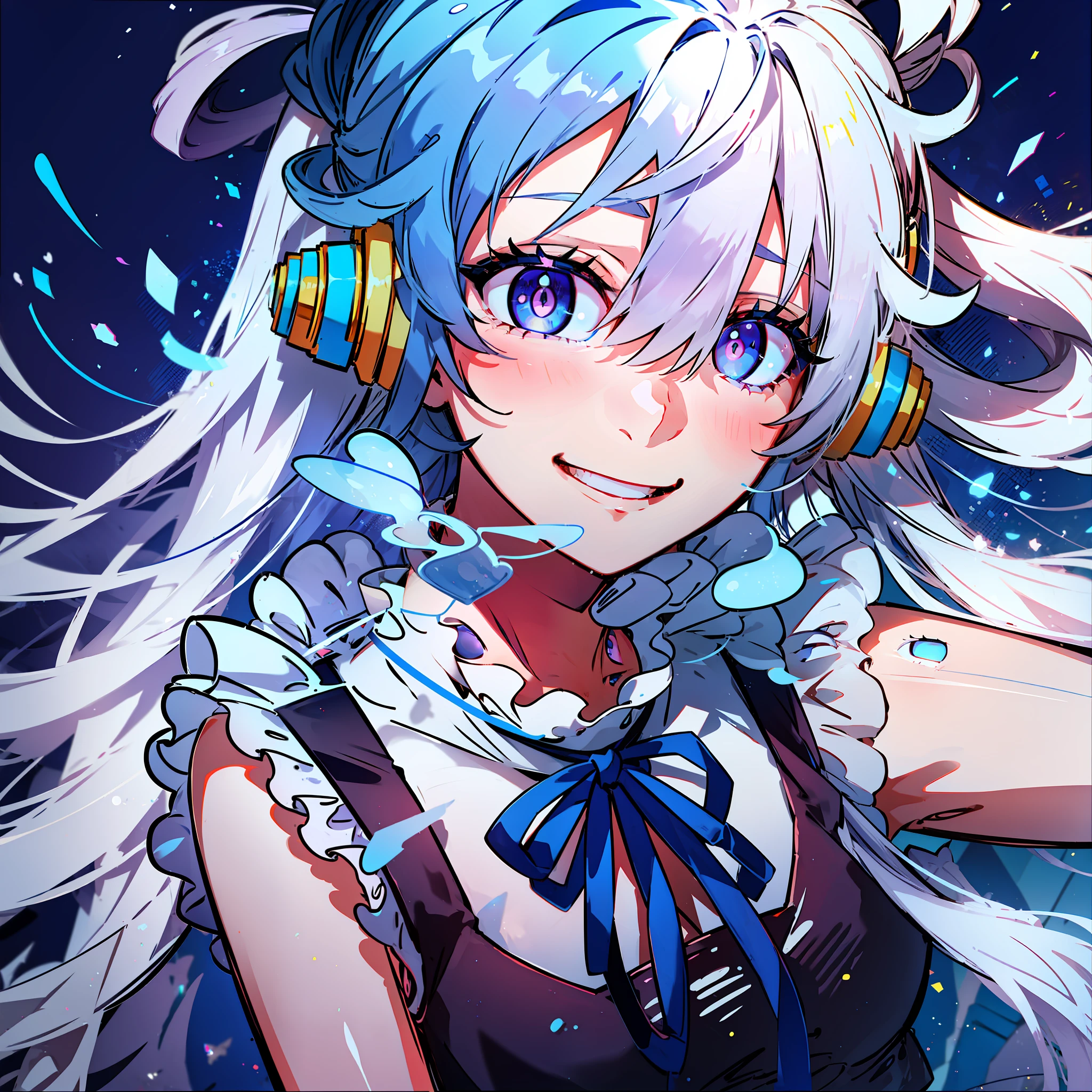 1girl, :d, bangs, blue ribbon, diamond-shaped pupils, diamond \(shape\), hair between eyes, headphones, long hair, multicolored hair, blue eyes, black head, ribbon, shirt, signature, sleeveless, sleeveless shirt, smile, solo, ((split color hair)), symbol-shaped pupils, white hair, white shirt