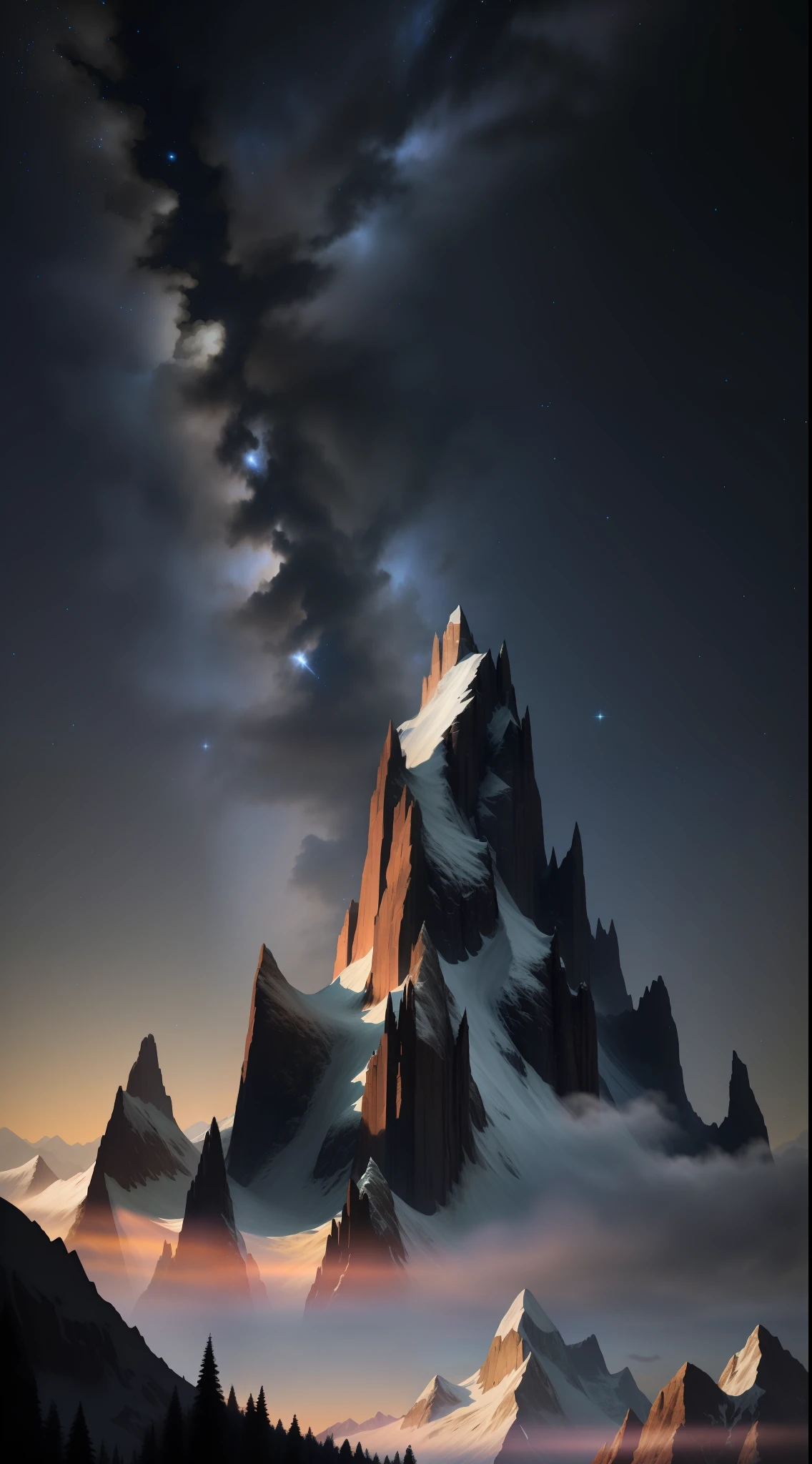 Develop a realistic 8k image of a group of towering mountains under a starry sky