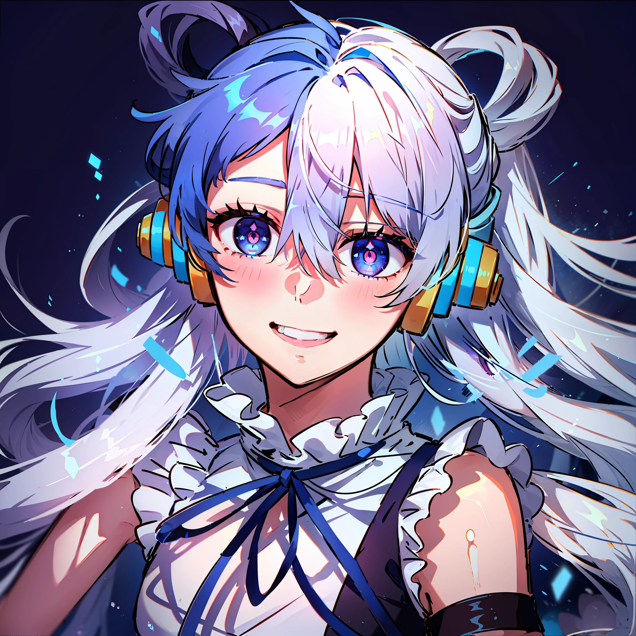 1girl, :d, bangs, blue ribbon, diamond-shaped pupils, diamond \(shape\), hair between eyes, headphones, long hair, multicolored hair, blue eyes, black head, ribbon, shirt, signature, sleeveless, sleeveless shirt, smile, solo, ((split color hair)), symbol-shaped pupils, white hair, white shirt