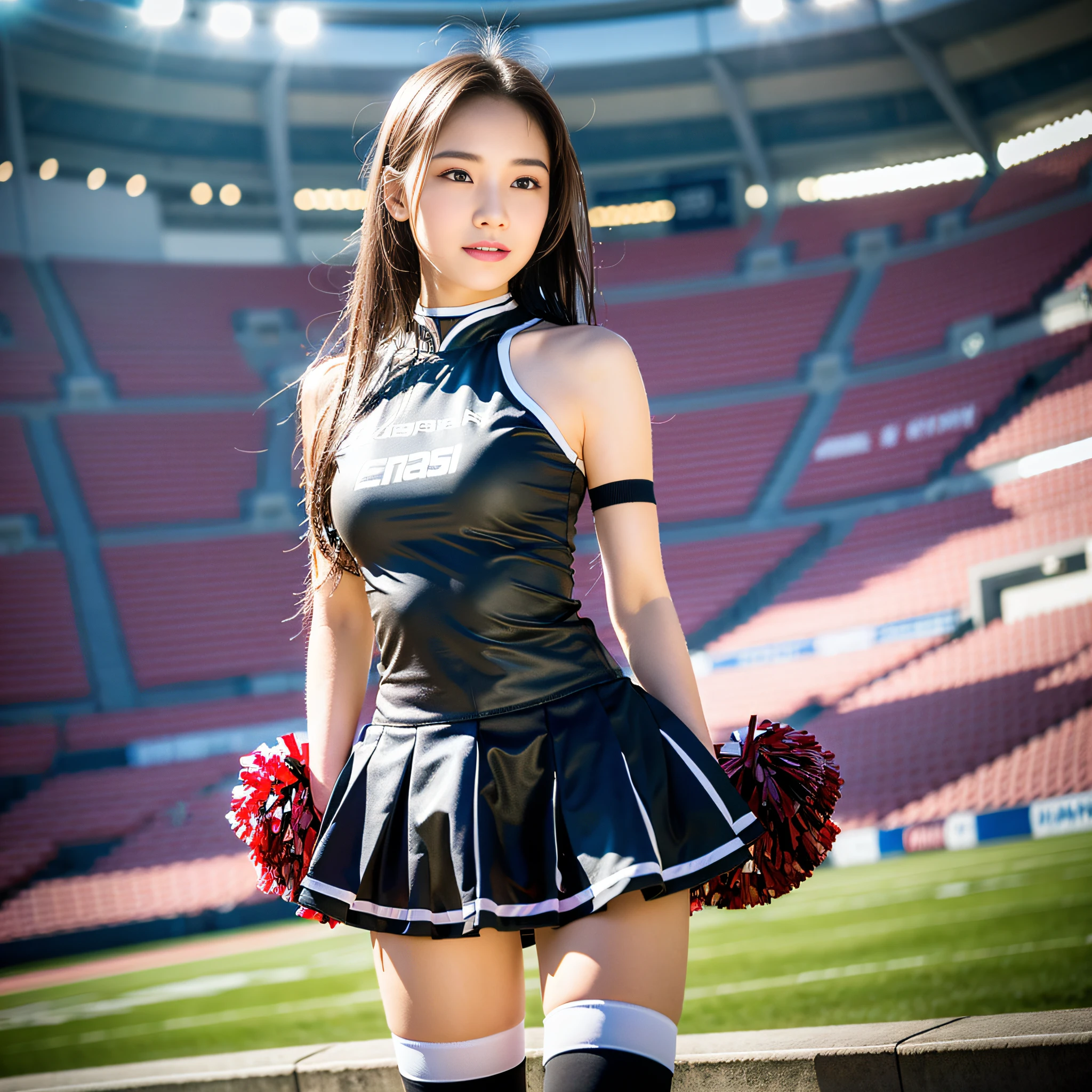 (8k, masterpiece, best quality, high resolution, photorealistic, real girl), (1girl), in a densely drawn stadium, cheerleader, little smile, (body wet with sweat, face wet with sweat: 1.3): 0.2, model figure, ruffled miniskirt, knee-high boots, dainty Japan of 20 years old, very detailed face, double eyelids, makeup, lip gloss, Ultra-detailed drawn body, dense arms, dense hands, dense feet, focus on face, standing, small face, full body from a little distance, sharp focus, shortcut, facing the viewer