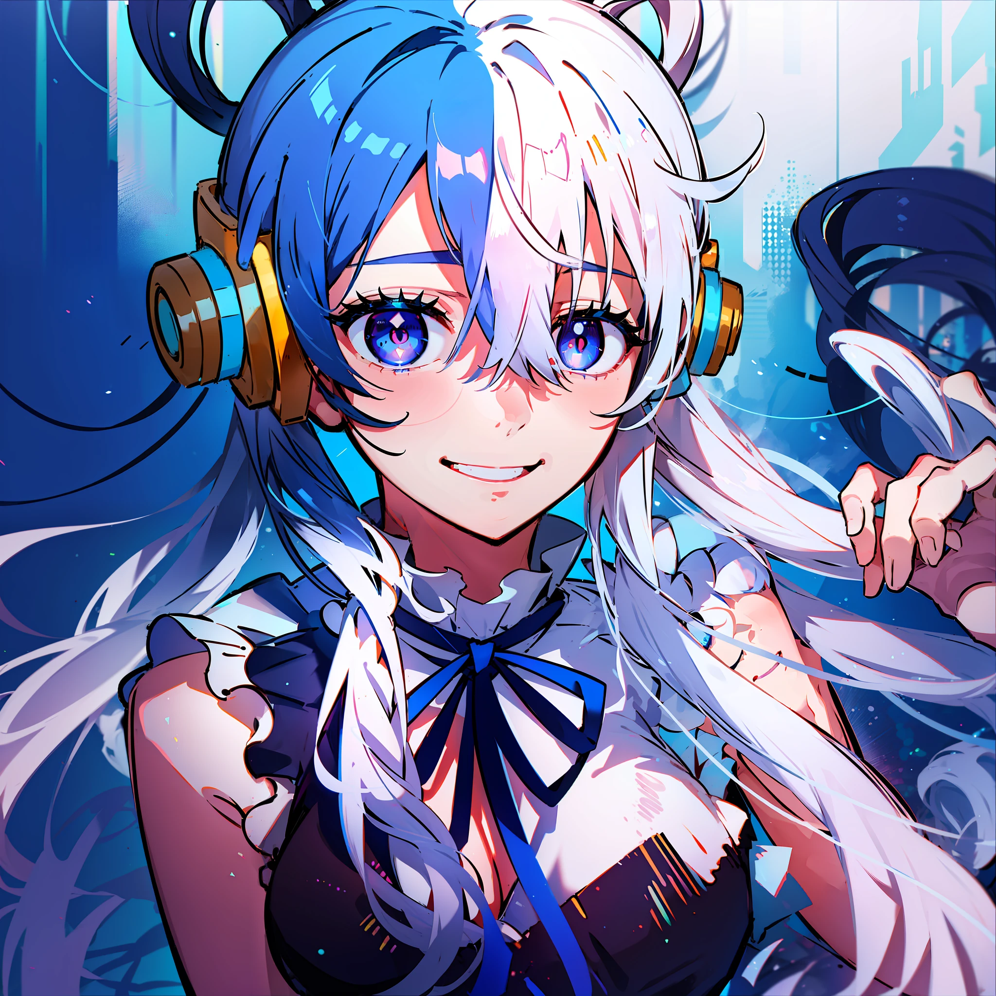 1girl, :d, bangs, blue ribbon, diamond-shaped pupils, diamond \(shape\), hair between eyes, headphones, long hair, multicolored hair, blue eyes, black head, ribbon, shirt, signature, sleeveless, sleeveless shirt, smile, solo, ((split color hair)), symbol-shaped pupils, white hair, white shirt
