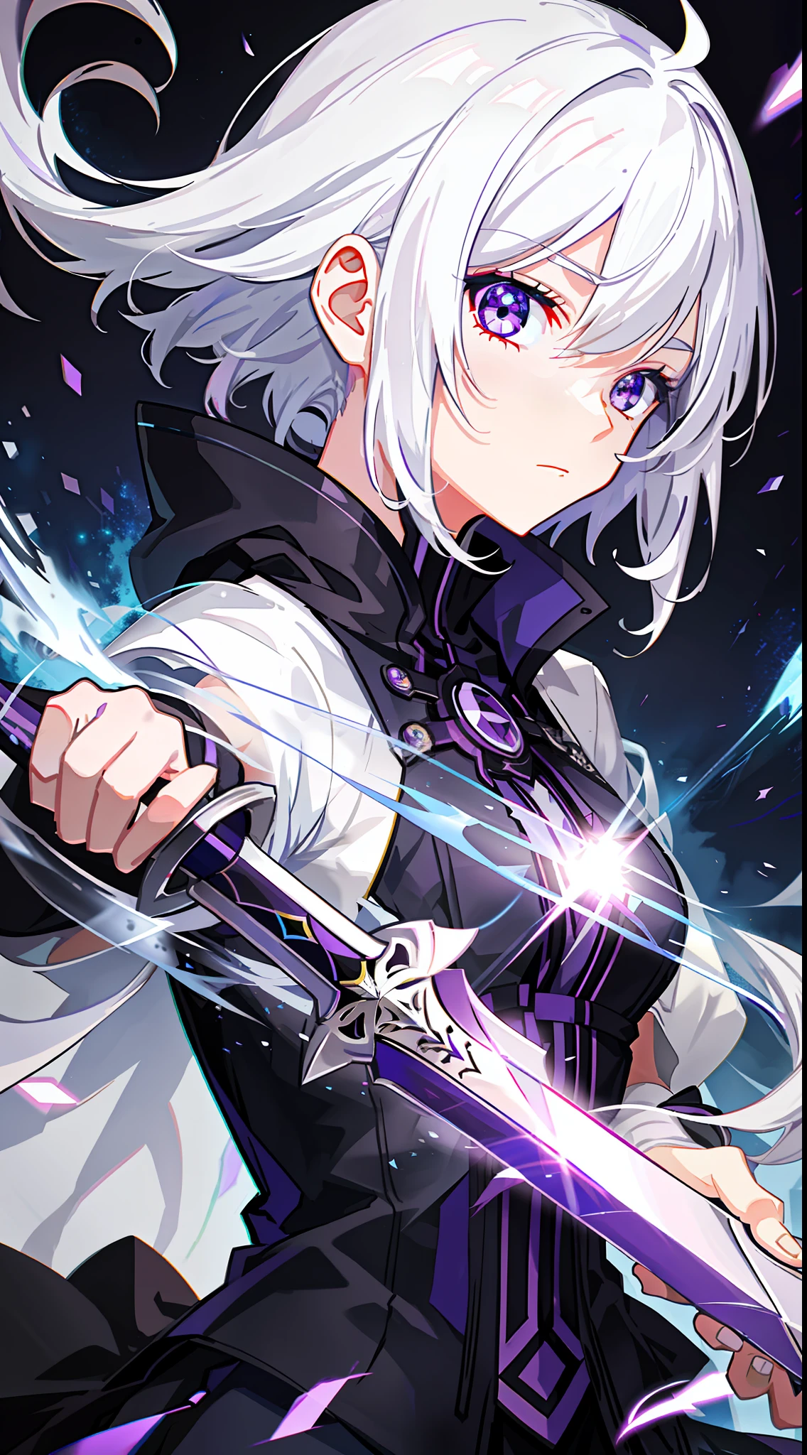 colorful, 1 girl, white hair, purple eyes, double hilt, sword, hand sword, blue flames, brilliance, bright weapon, light particles, wallpaper, chromatic aberration,