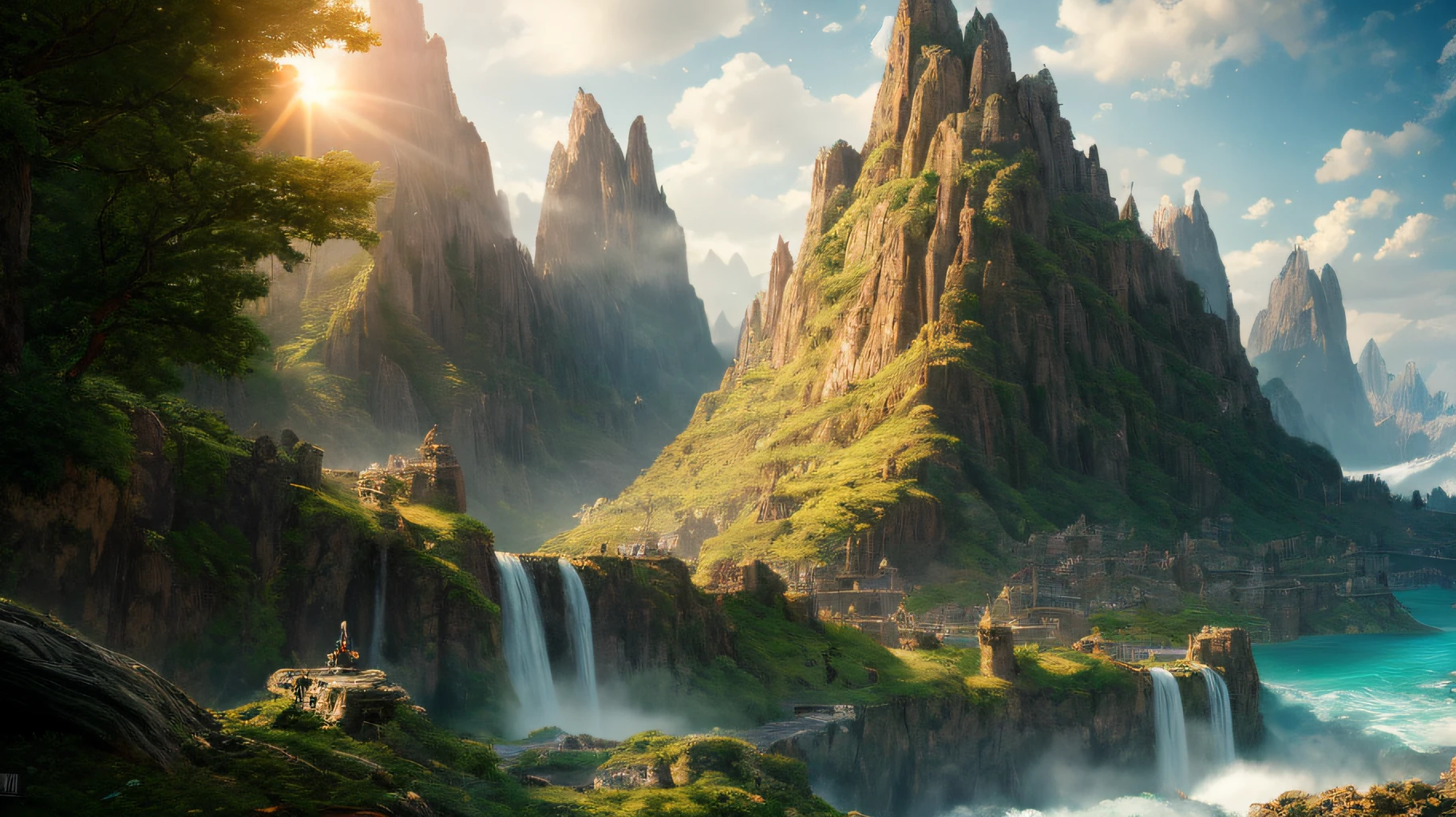 masterpiece, best quality, high quality, extremely detailed CG unity 8k wallpaper, scenery, outdoors, sky, cloud, day, no humans, mountain, landscape, water, tree, blue sky, waterfall, cliff, nature, lake, river, cloudy sky,award winning photography, Bokeh, Depth of Field, HDR, bloom, Chromatic Aberration ,Photorealistic,extremely detailed, trending on artstation, trending on CGsociety, Intricate, High Detail, dramatic, art by midjourney