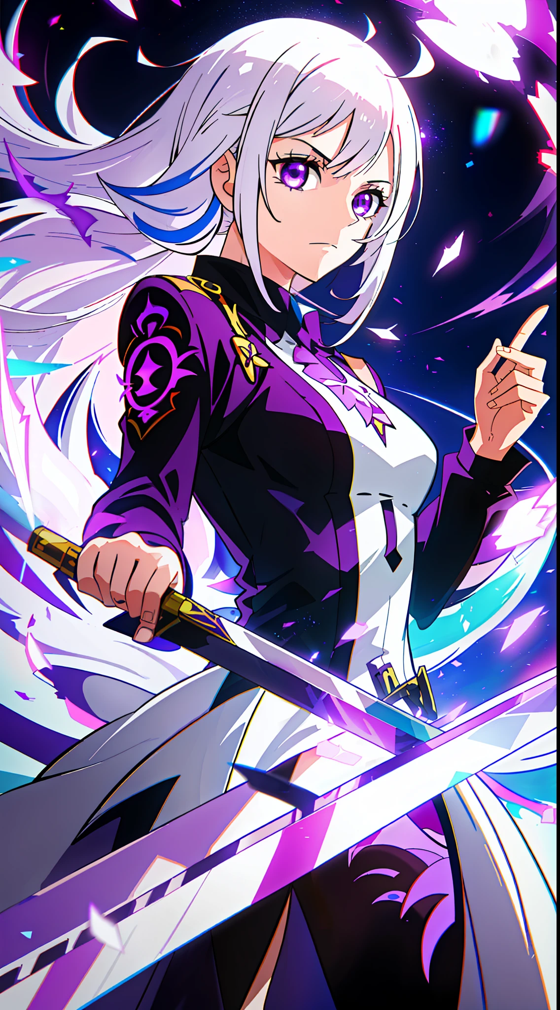 colorful, 1 girl, white hair, purple eyes, double hilt, sword, hand sword, blue flames, brilliance, bright weapon, light particles, wallpaper, chromatic aberration,