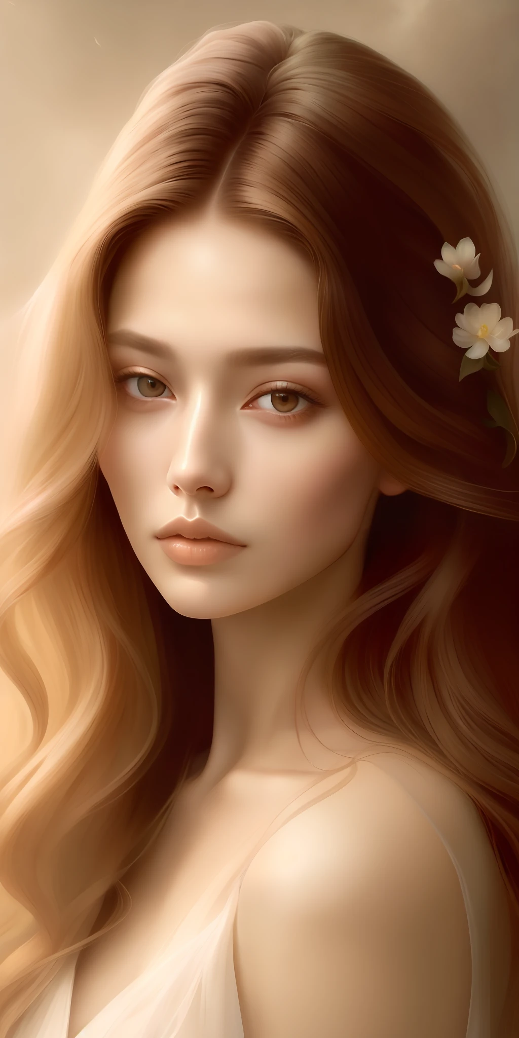 painting of a woman with long brown hair and a flower in her hair, detailed hair foggy, wlop glossy skin, ealistic shaded perfect face, ethereal vaporous tan skin, glowing flowing hair, long glowing ethereal hair, lblsck hair, stylized portrait h 640, realistic shaded perfect face, sultry expression, detailed sensual face, detailed realistic face