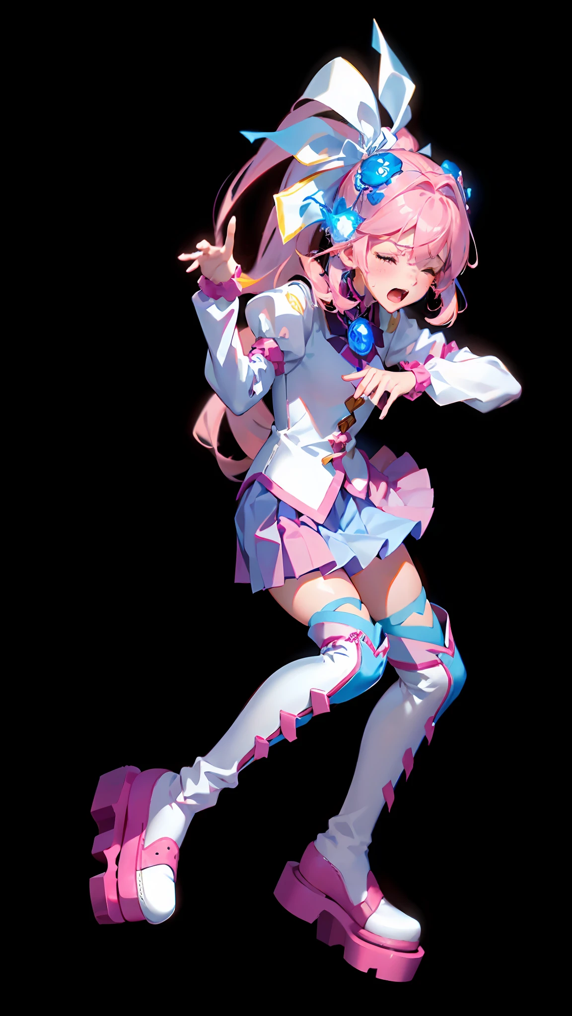 (Lora+QuickHand: 1.2), (Masterpiece: 1.5), (Best Quality: 1.5), 8K resolution, (Perfect Hand: 1.5), a girl's beautiful expression of screaming and crying with her eyes closed, mouth slightly open, (pink hair: 1.3 + single ponytail), (white top: 1.2), (pink pleated skirt: 1.2), (pink over-the-knee socks: 1.2), (white boots: 1.2), (no background: 1.5), (slender beautiful legs:1.2)), right light source"