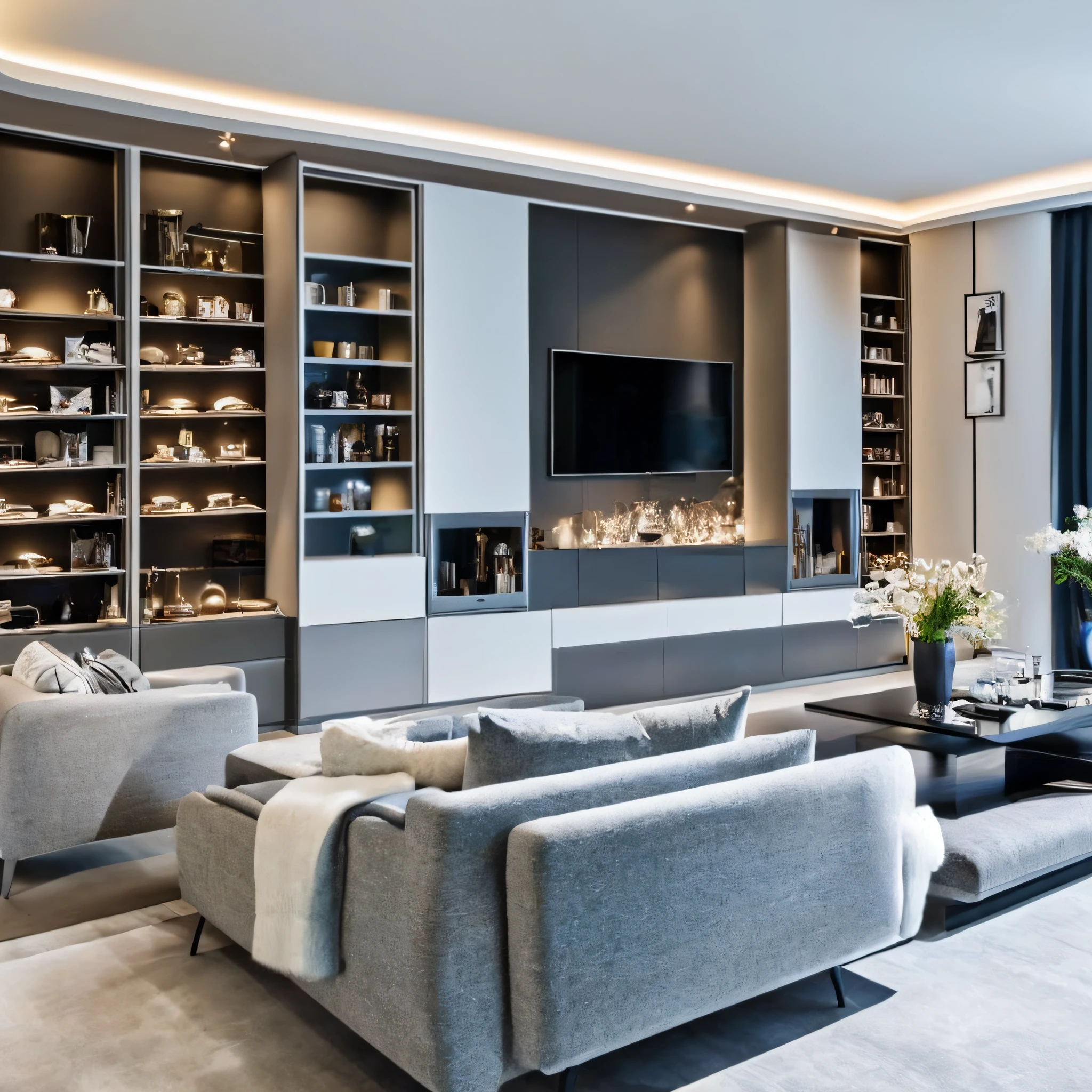 Modern room with many trophies on the shelves, sofa, armchairs, centerpiece, TV, winter garden on the left side, ice white walls and light gray furniture