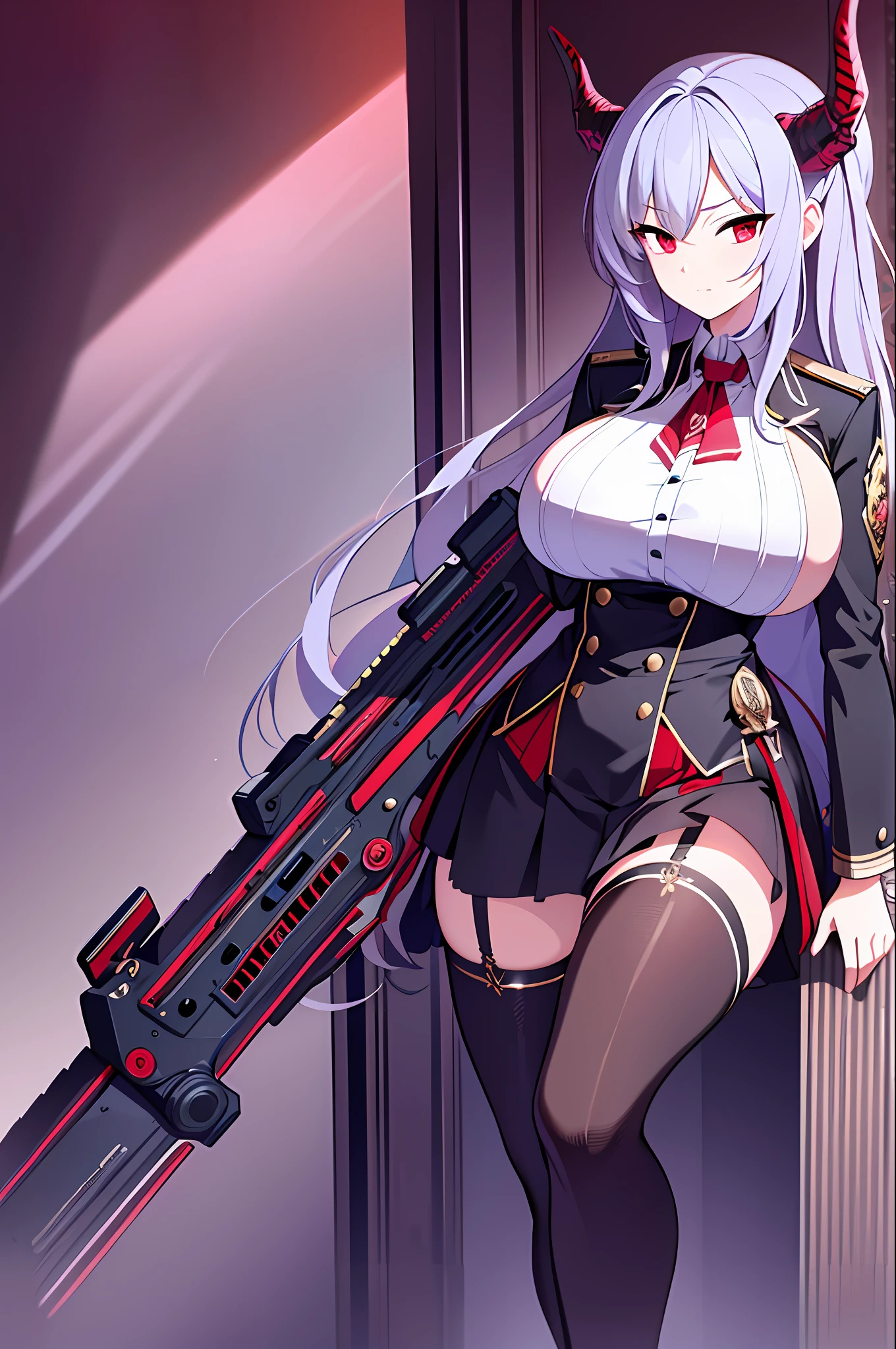 masterpiece, best quality, high_resolution, fine details, very detailed and beautiful, distinct_image, 1 girl, solo, silver hair, red eyes, dragon horns, (huge breasts), (),school uniform,(assault rifle),full body