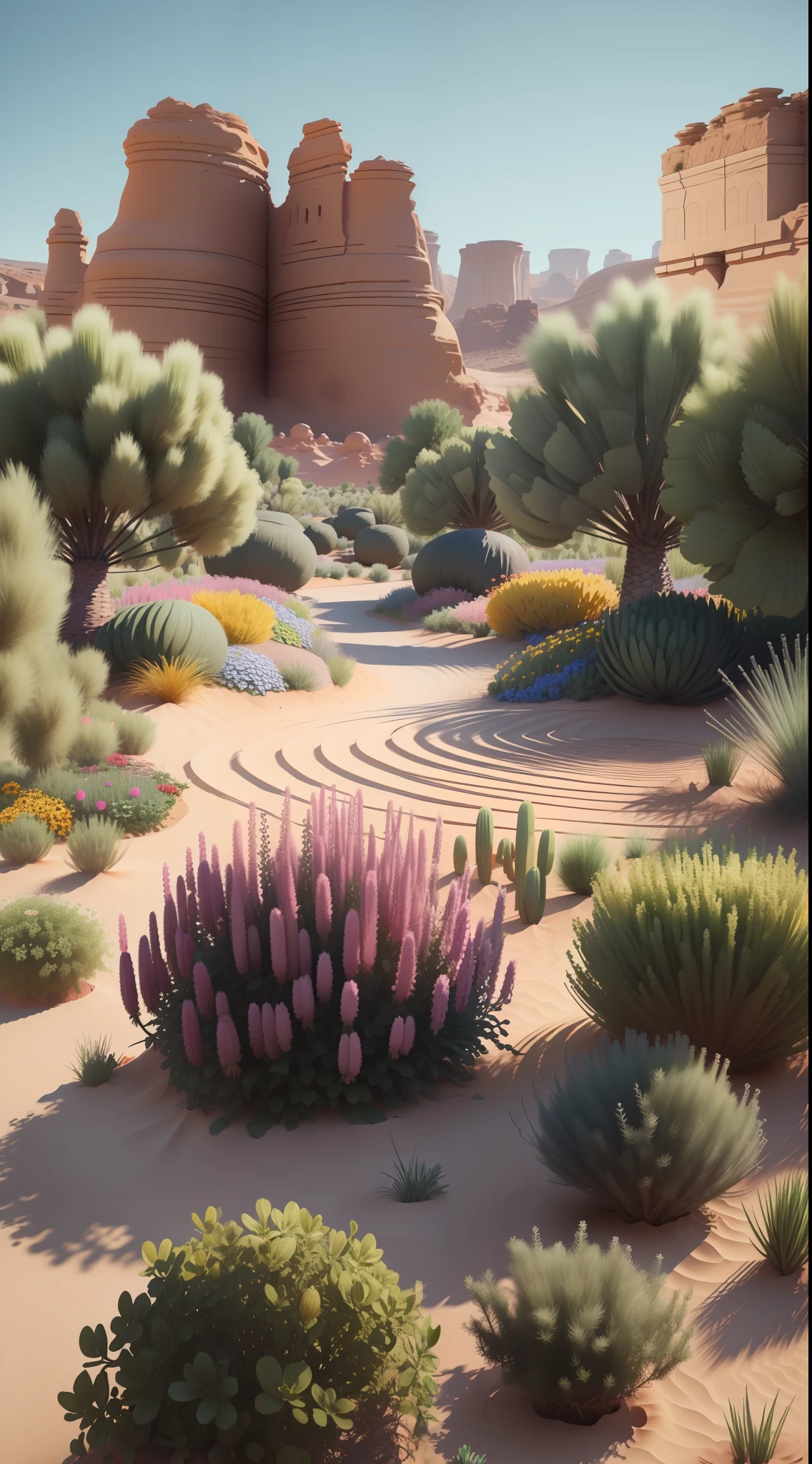 Create a realistic 8k image of a blooming garden in the middle of a desert