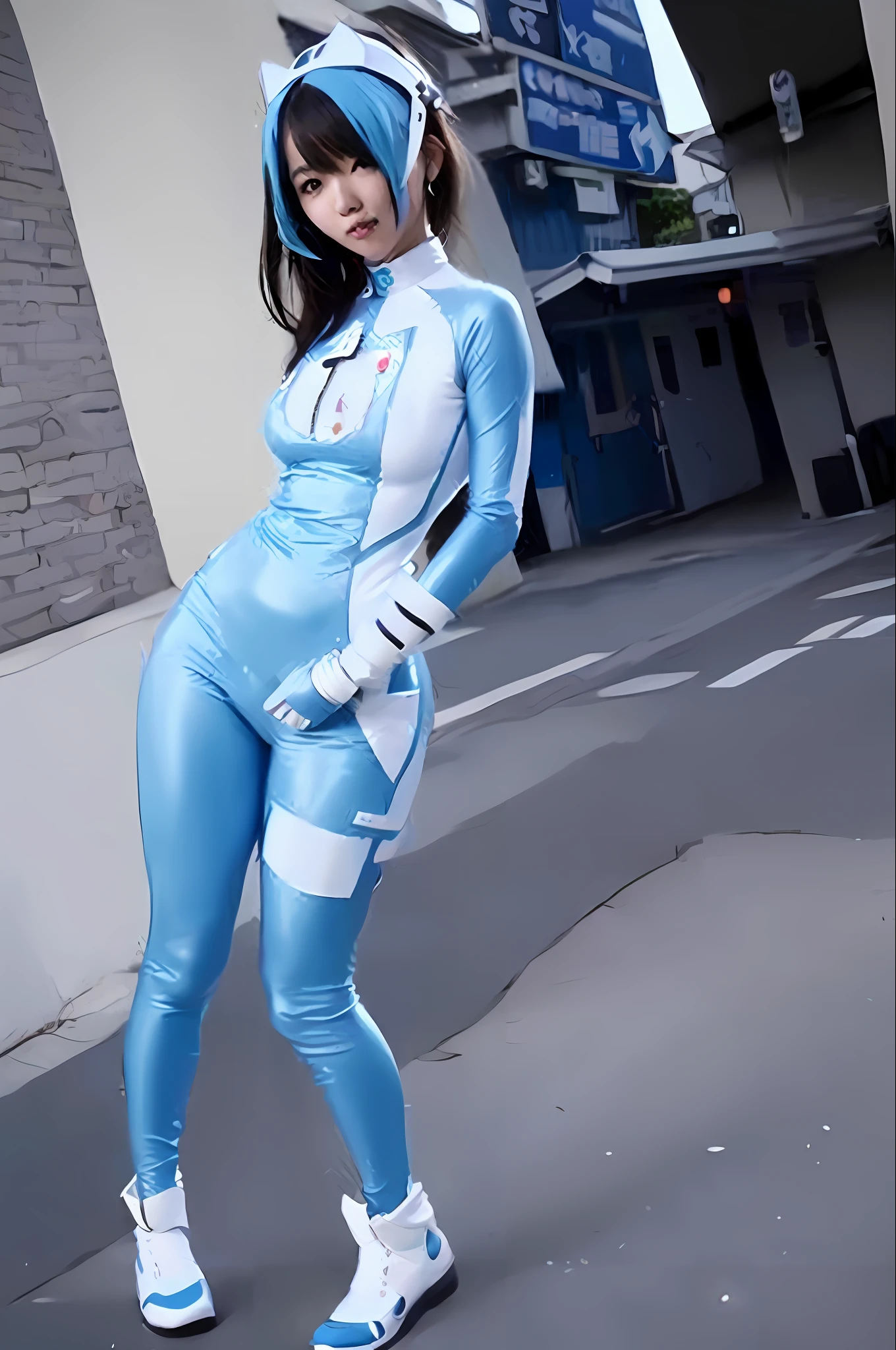 a woman in a blue and white costume is standing on a street, japanese cyborg, tight light blue neopren suits, cute girl wearing tank suit, by Hiroyuki Tajima, wearing atsuko kudo latex outfit, cosplay photo, by Hiromitsu Takahashi, full body zenkai! asuka suit, inspired by Leng Mei, yukii morita