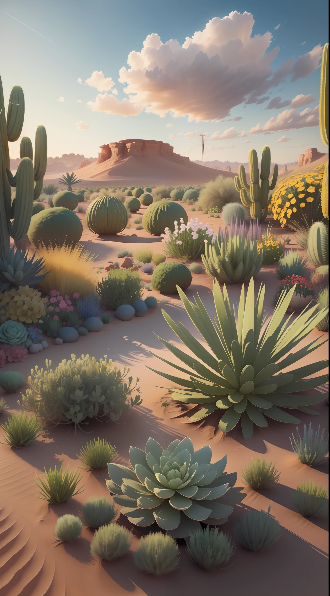 Create a realistic 8k image of a blooming garden in the middle of a desert