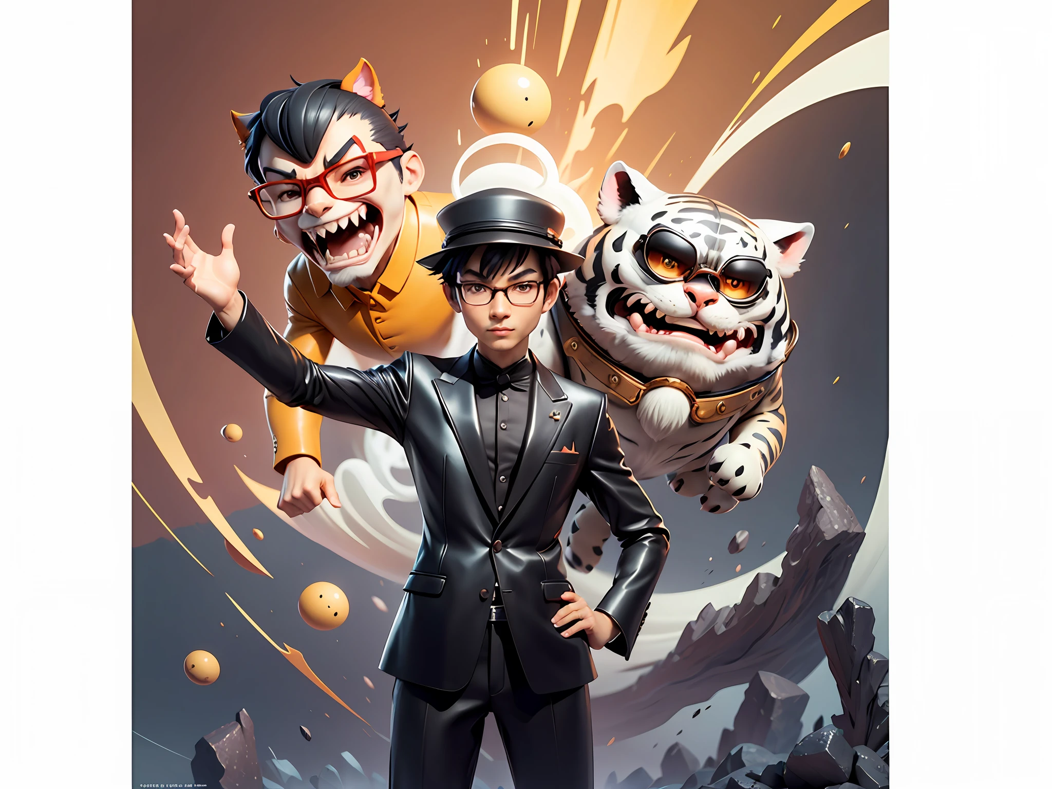 Young man with oriental face in leather hat, tiger, oriental face in formal suit, short black hair, silver glasses, digital painting, 3D character design by Mark Clairedon and Pixar and Hayao Miyazaki and Akira Toriyama, the illustration is a high-definition illustration in 4K resolution with very detailed facial features and cartoon-style visuals.