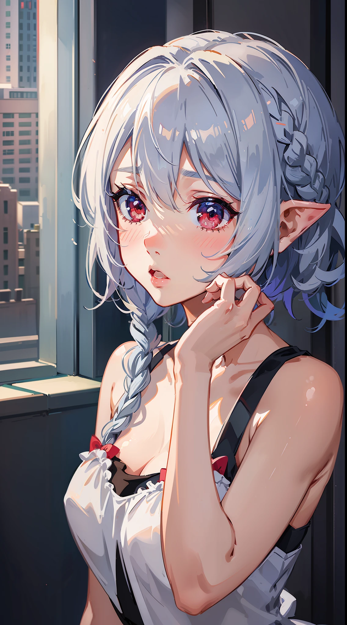 1 Girl closeup, elf, silver hair, red eyes, bob cut, braid, camisole, dress, (putting both hands on their face), (surprised), (blush), concept art, beautiful anime scene, beautiful anime scenery, top rated on pixiv, best quality, 4K