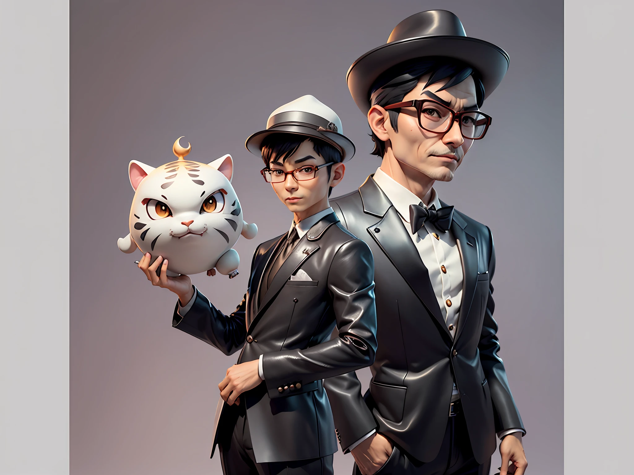 Young man with oriental face in leather hat, tiger, oriental face in formal suit, short black hair, silver glasses, digital painting, 3D character design by Mark Clairedon and Pixar and Hayao Miyazaki and Akira Toriyama, the illustration is a high-definition illustration in 4K resolution with very detailed facial features and cartoon-style visuals.