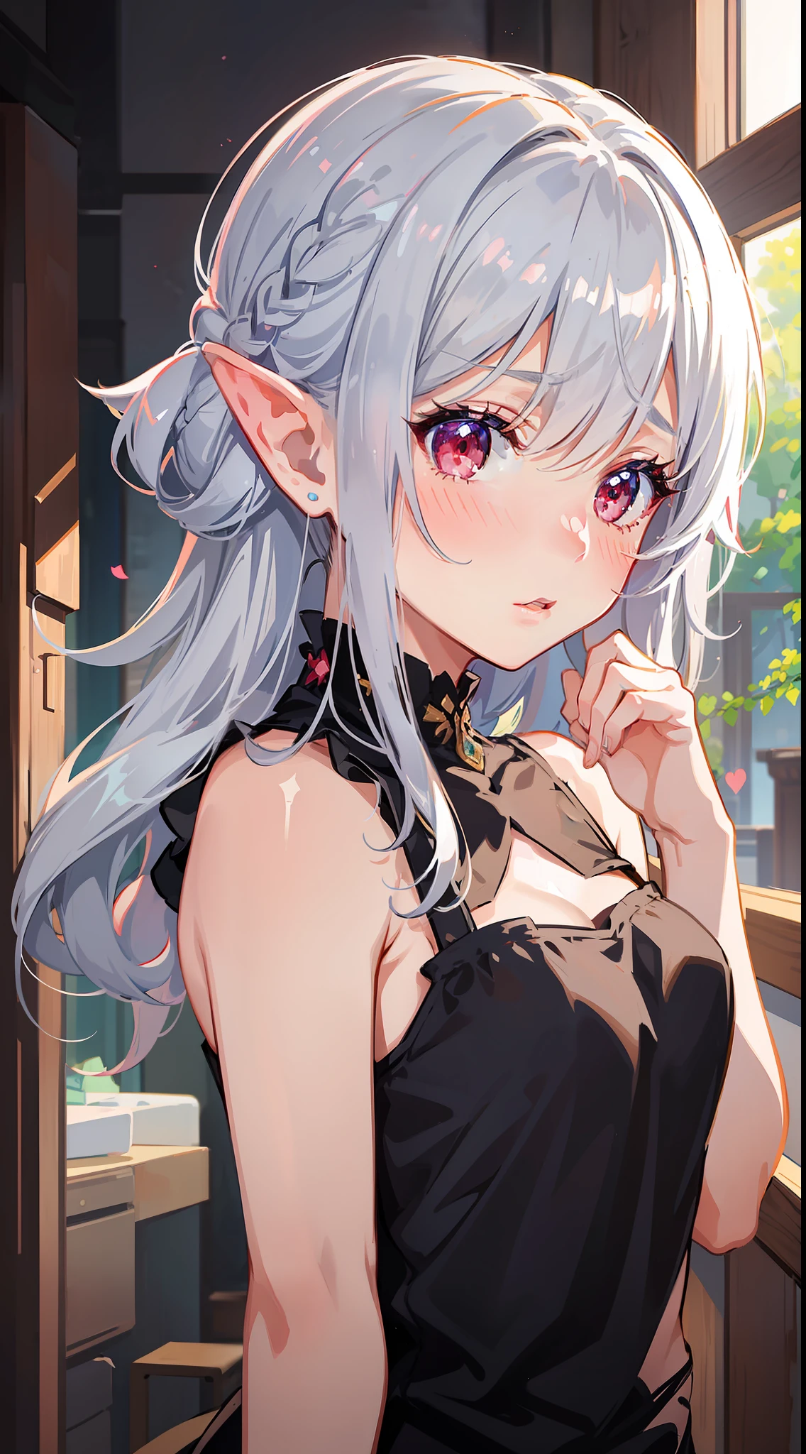 1 Girl closeup, elf, silver hair, red eyes, bob cut, braid, camisole, dress, (putting both hands on their face), (surprised), (blush), concept art, beautiful anime scene, beautiful anime scenery, top rated on pixiv, best quality, 4K