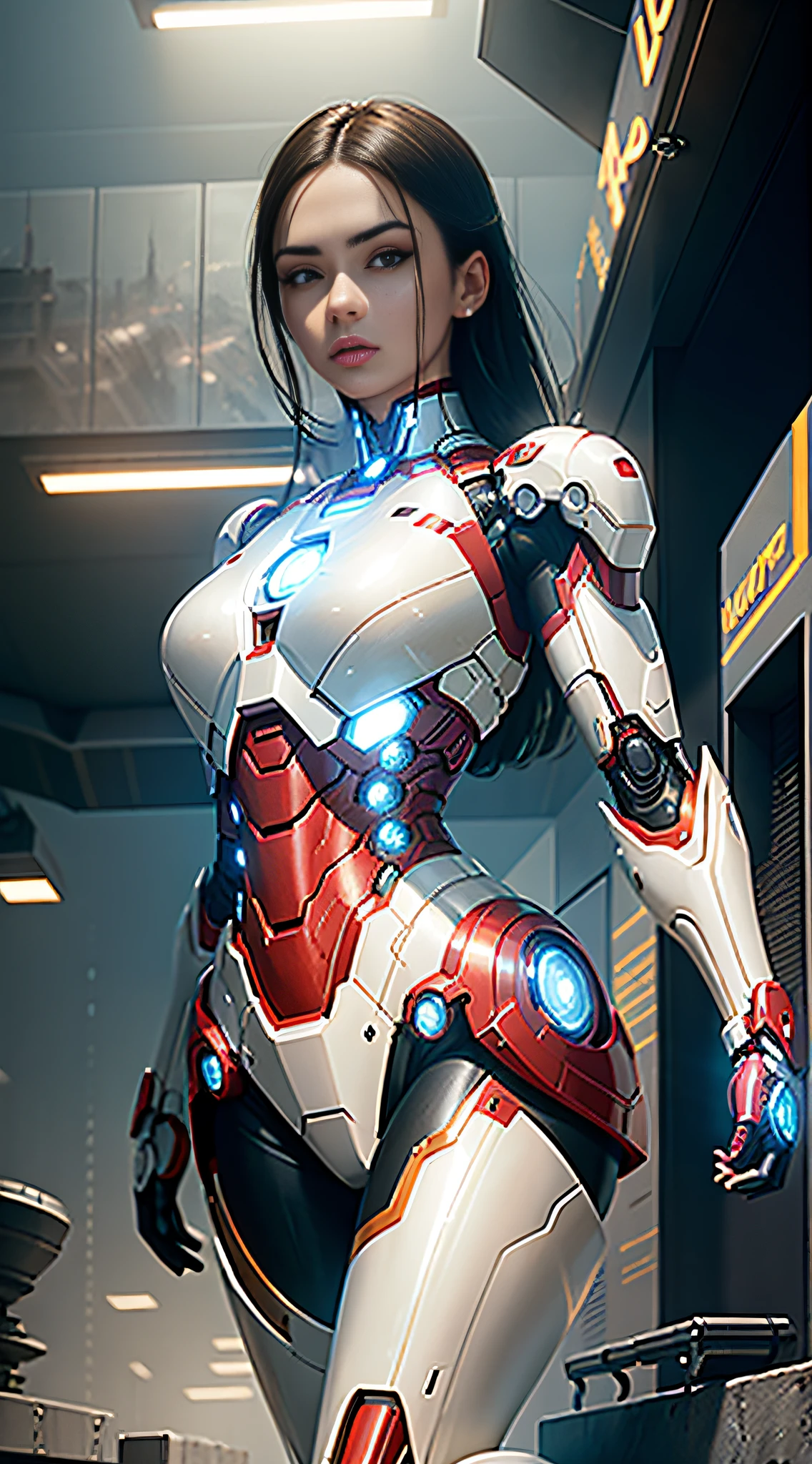 RAW, masterpiece, ultra thin photo, best quality, ultra high resolution, photorealistic, sunlight, full body portrait, incredibly beautiful, dynamic poses, delicate face, vibrant eyes, (side view), she is using a futuristic Iron Man engine, red and gold color scheme, highly detailed robot factory background, detailed face, detailed and complex busy background, messy, gorgeous, milky white, highly detailed skin, realistic skin details, visible pores, sharp focus, volumetric mist, 8k uhd, dslr camera, high quality, film grain, light skin, photorealism, lomography, expanding metropolis in futuristic dystopia, view from below, translucent