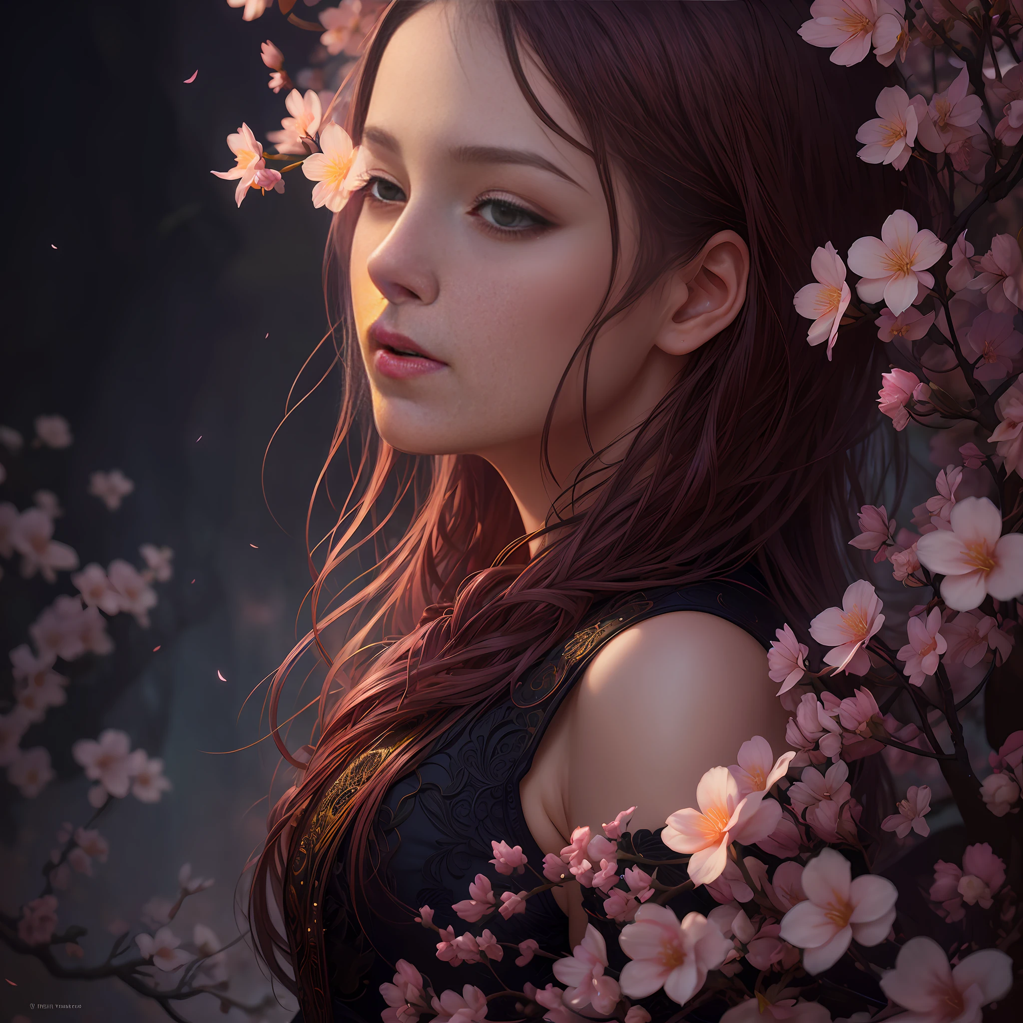 A flower by Casey Weldon, Olga Kvasha, Miho Hirano, hyperdetailed intricately detailed gothic art trending on Artstation triadic colors Unreal Engine 5 detailed matte painting, deep purple color, fantastical, intricate detail, splash screen, complementary colors, fantasy concept art, 8k resolution, gothic deviantart masterpiece, (dark shot:0.9), art by greg rutkowski and artgerm, soft cinematic light, adobe lightroom, photolab, hdr, intricate, highly detailed, pink cherry blossom