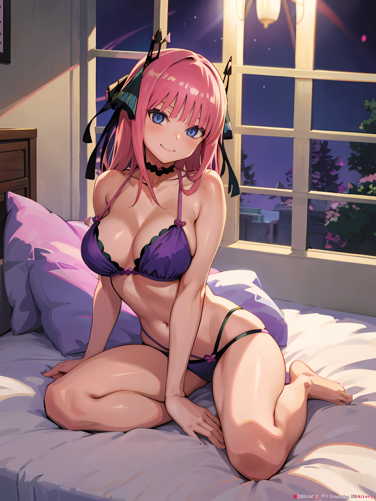 Anime girl in purple bikini sitting on the bed with candle, seductive anime girl, fanart, anime goddess, anime moe artstyle, (anime girl), beautiful seductive anime girl, beautiful seductive anime woman, bright purple, curvaceous, hot goddess, beautiful anime girl, (sensual smile), full body, bed with romantic candles, Nino nakano, ((sexy)),  (full body), headband, hairy hair, blue eyes