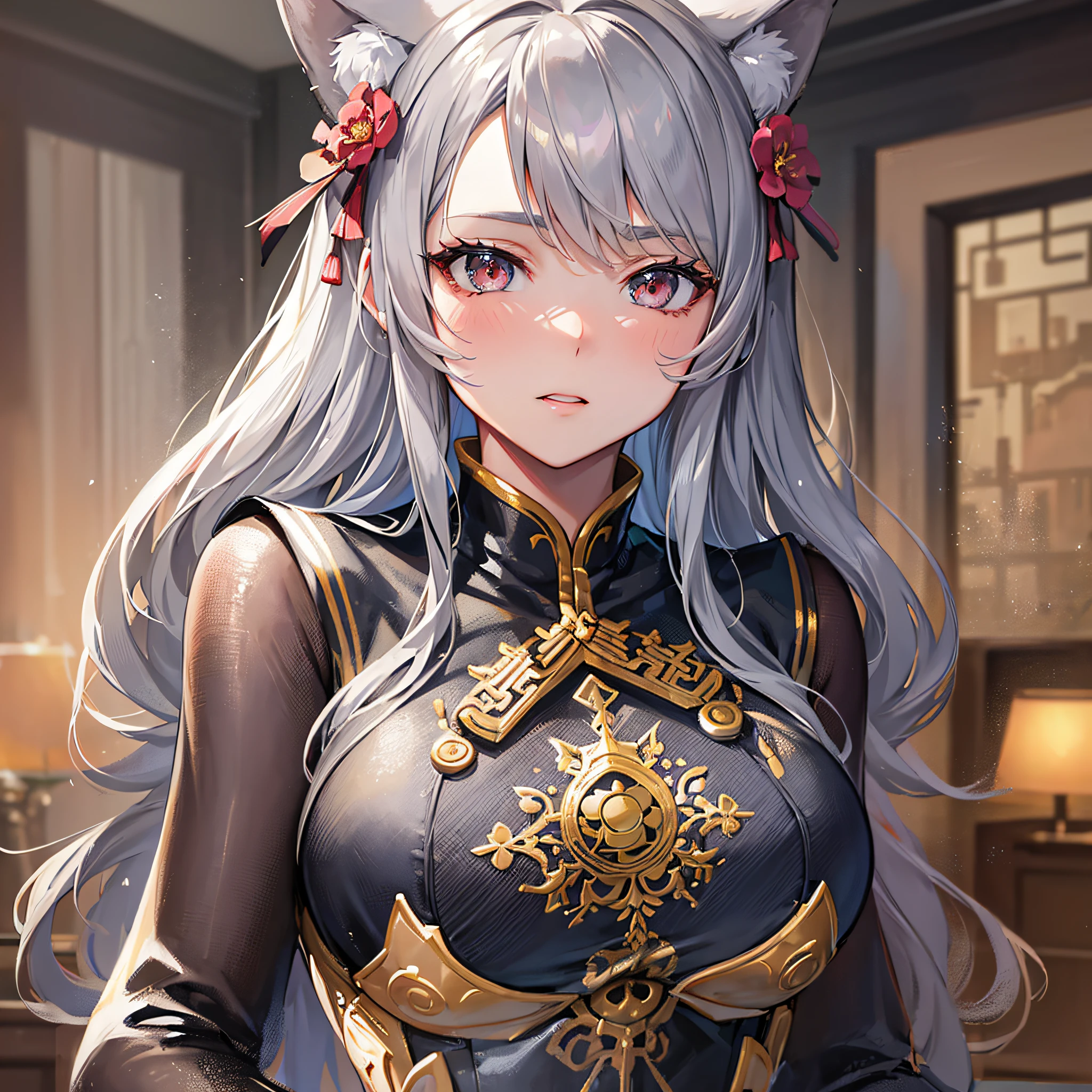 Absolutely beautiful cat lady, brown skin, perfect slim body, mature royal sister, gray hair, royal sister face, cheongsam, sexy and alluring, beautiful face, bust, 4K picture quality, big body, feminine expression, blush shy, large bust, deep eyes