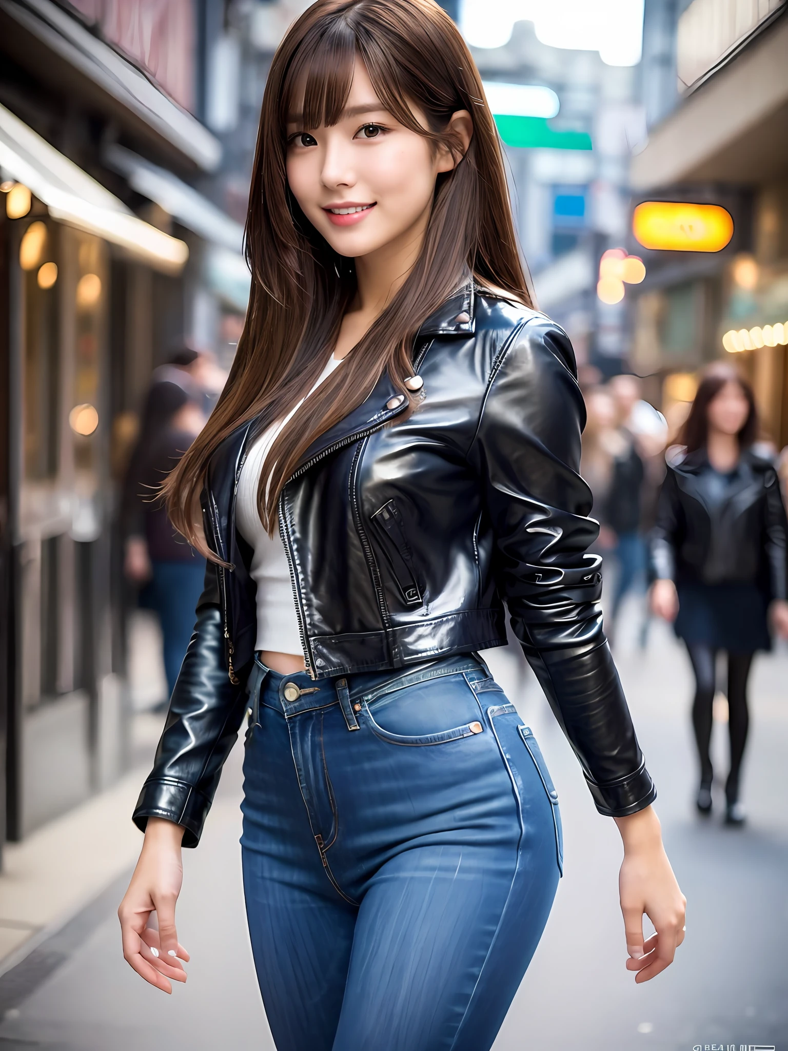 masterpiece, upper body shot, directly front view, 1 woman per 1 photo, a Japanese young pretty woman, hyper pretty face, 18 years old, walking in the crowd on the main street with big smile, glamorous figure, wearing a leather black riding jacket, wearing a denim pants of very short length, glossy lips, double eyelids in both eyes, natural makeup, long eyelashes, shiny smooth light brown hair of medium length, asymmetrical bangs, tanned skin, wearing a dark blue pleated skirt, head in the frame, central image, 8K resolution, high detail, detailed hairstyle, Detailed Face, spectacular cinematic lighting, octane rendering, vibrant, hyper realistic, perfect limbs, perfect anatomy