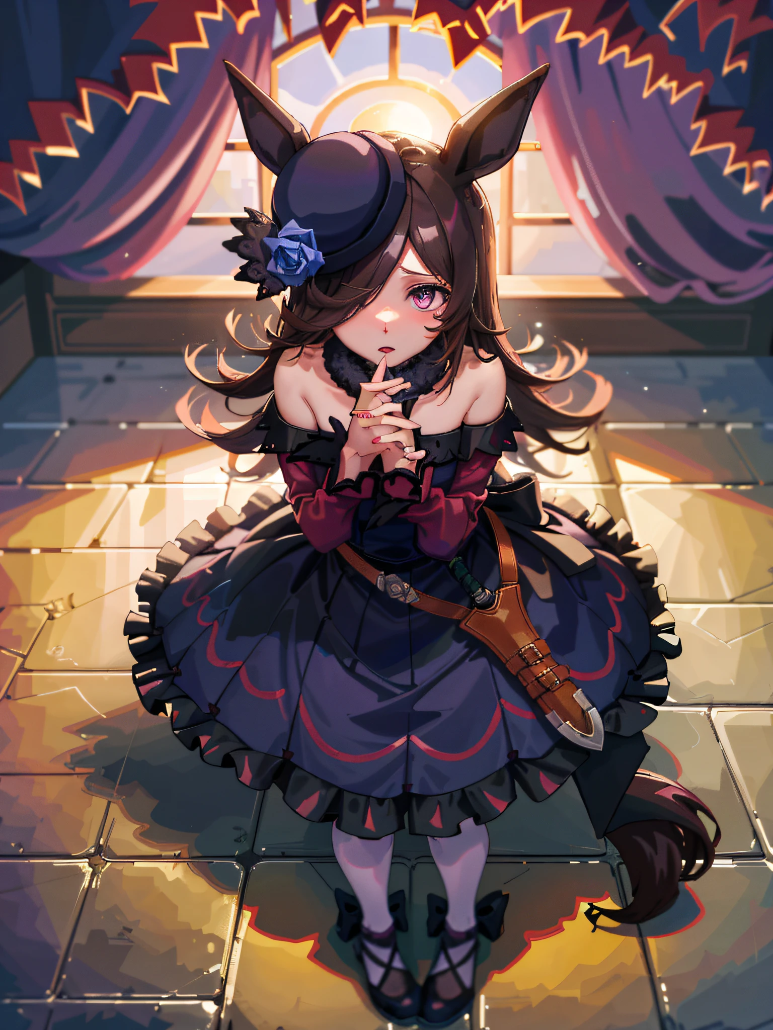 {Japan slender beauty}, high resolution, top quality, super detail, wedge, fine detail, rice shower, rice shower (tracen uniform), thighs, hat, horse ears, standing, blush, ((portrait)), tracen_school_uniform, skirt, white_skirt, puffy_short_sleeves, blue_shirt, Solo, Alone, Black Knee Socks, Watch Viewer, (Winter: 1.2), (Winter: 1.2), Living Room, Sofa, Sofa, Window, (Night: 1), Start, Watch Viewer, Legs Crossed, Sitting on the Sofa, 1st Ruby, horse_ears,red_eyes,(purple_dress,purple_skirt), long_skirt,Flower, Ruffles, hair flowers, interlocking fingers, long sleeves, put their hands together, puffy sleeves, red flowers, solo, white pantyhose,white legwear,small_breasts, look at the beholder, ((slightly look from above)), (quiet expression), standing,
