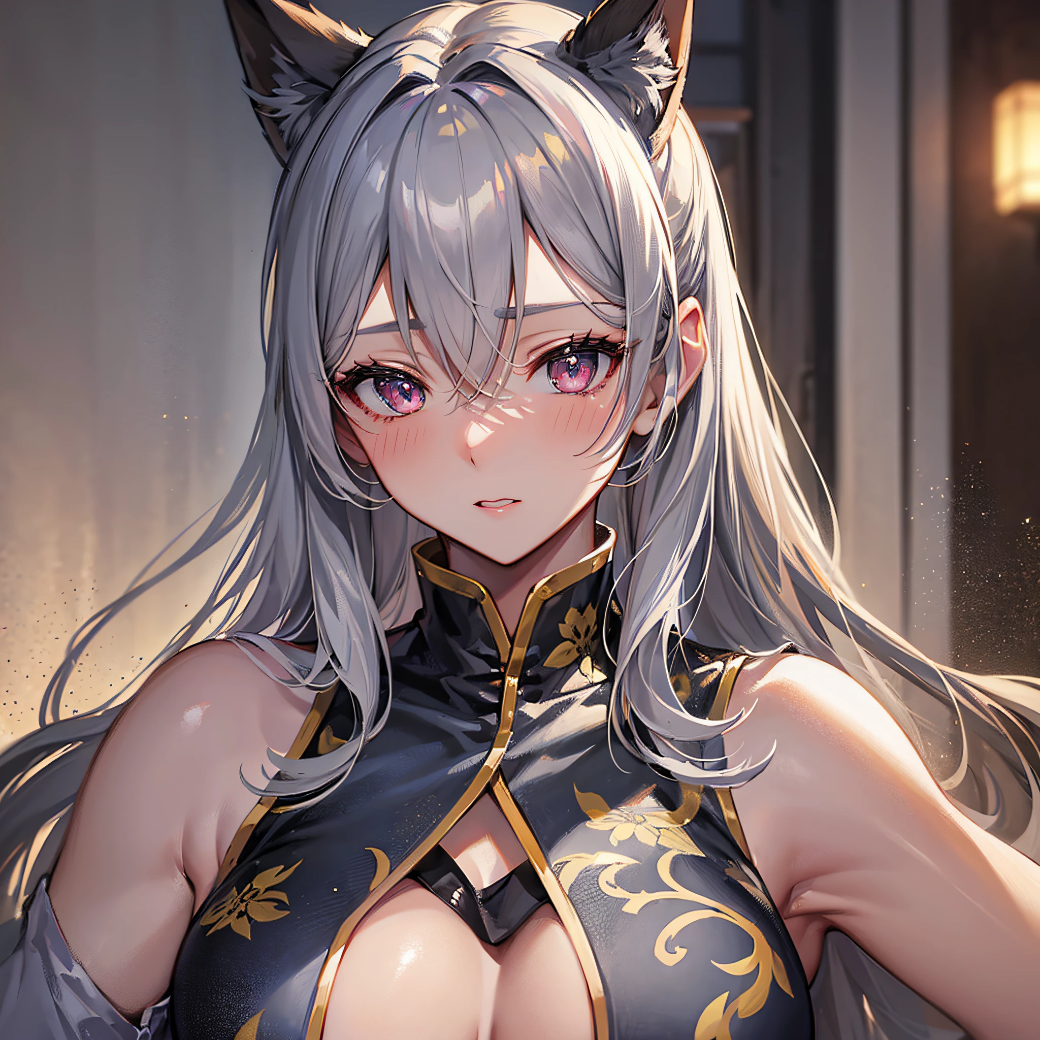 Absolutely beautiful cat lady, brown skin, perfect slim body, mature royal sister, gray hair, royal sister face, cheongsam, sexy and alluring, beautiful face, bust, 4K picture quality, big body, feminine expression, blush shy, large bust, deep eyes