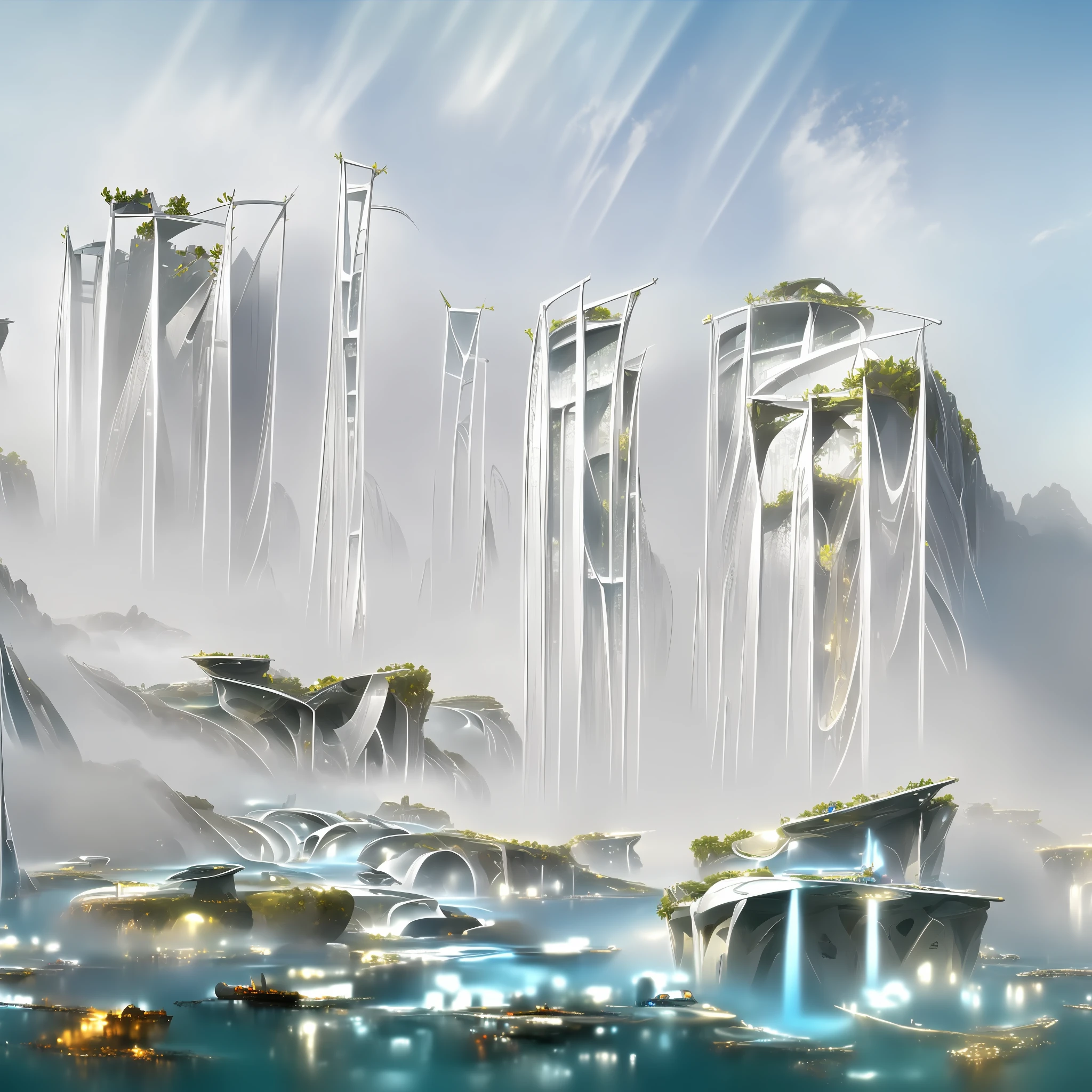 Airbrush drawing --v 5.1 style Futuristic design of an awesome sunny day environment concept art on a futuristic terrain with huge waterfalls,streams, mangroves,nature architecture, proportional,detailed,bright clouds, nature meets futuristic architecture by Santiago Calatrava and Vincent Callebaut with futuristic development, high rise made up staircases, balconies, full of composite glass facades, residential spaces carved from cliff side ,trending on artstation, beautiful lighting,In the style , fantasy, intricate, award winning, 4k, highest quality