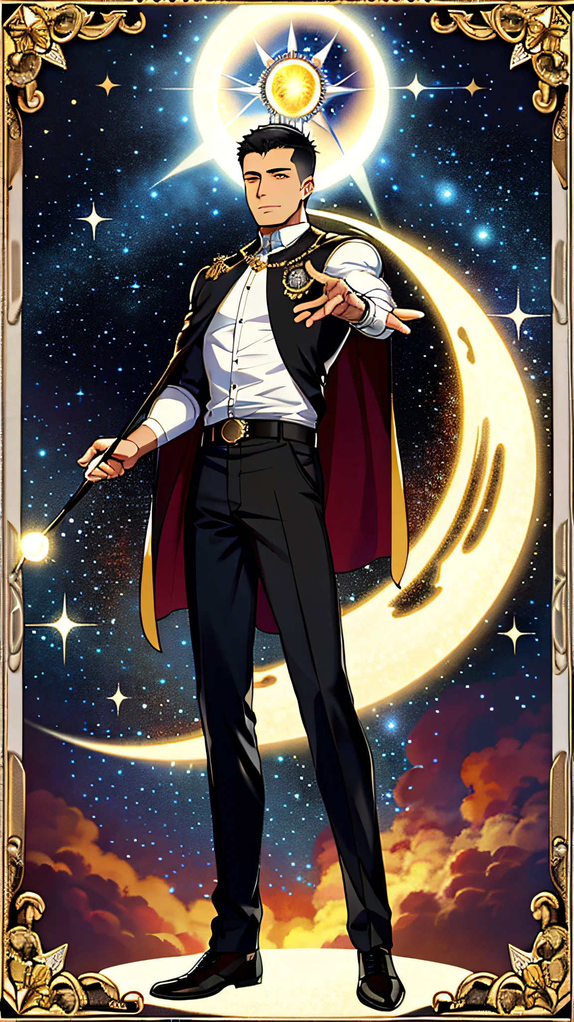 masterpiece, best quality, full body, card, 1 man, eclipse, space, galaxy, short hair, black hair,  brush cut, standing, black and white, sun, moon, white,  buzz cut, bara, muscle, god, divine, cape, halo, center, best pose, etherious, crystal,man, power, magic, hand using magic, golden, royal