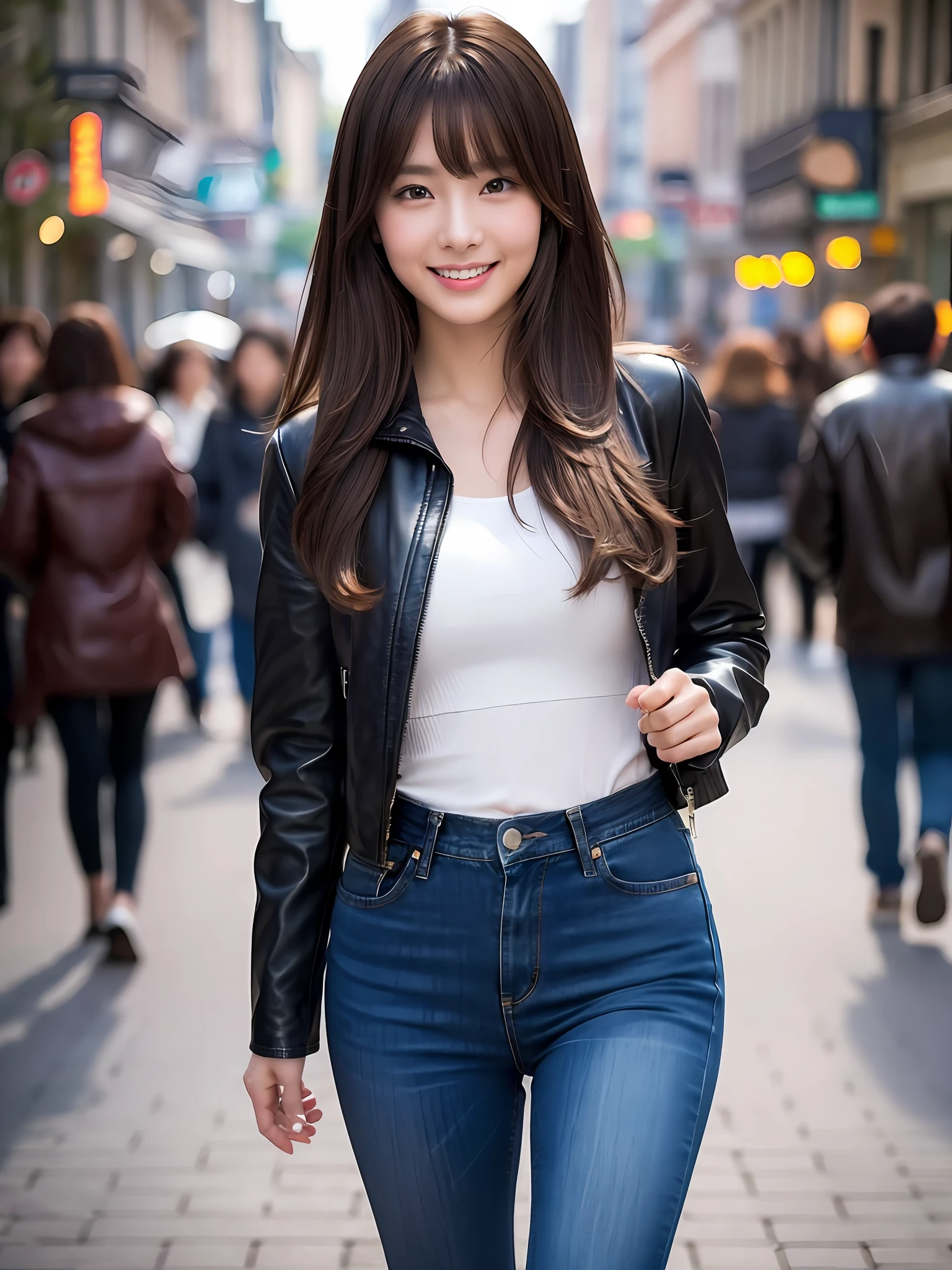 masterpiece, upper body shot, directly front view, 1 woman per 1 photo, a Japanese young pretty woman, hyper pretty face, 18 years old, walking in the crowd on the main street with big smile, glamorous figure, wearing a worn out leather black riding jacket, wearing a denim pants of very short length, glossy lips, double eyelids in both eyes, natural makeup, long eyelashes, shiny smooth light brown hair of medium length, asymmetrical bangs, tanned skin, wearing a dark blue pleated skirt, head in the frame, central image, 8K resolution, high detail, detailed hairstyle, Detailed Face, spectacular cinematic lighting, octane rendering, vibrant, hyper realistic, perfect limbs, perfect anatomy