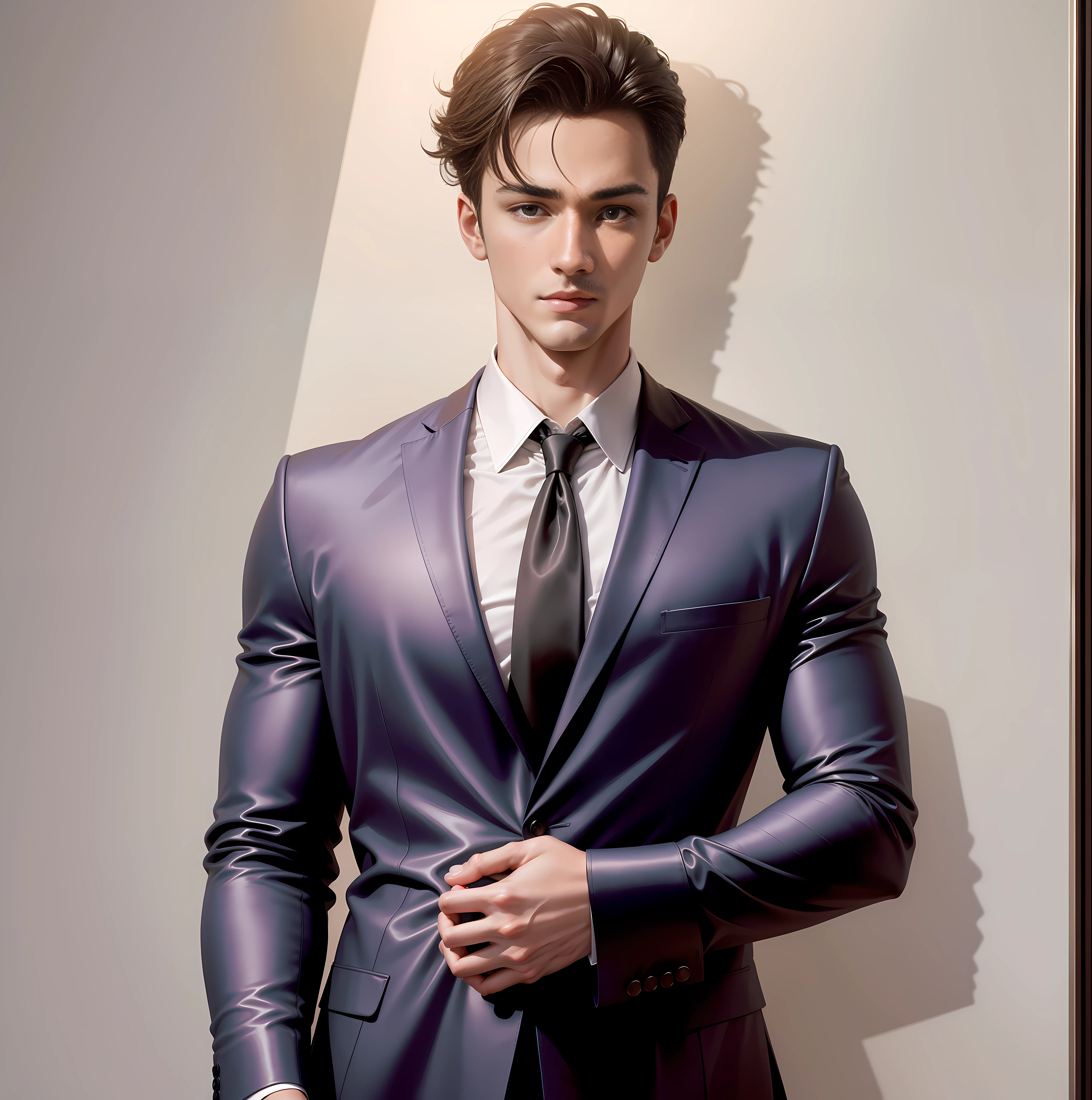 Super high image quality is realistic, clear description, sense of space design, natural dynamic effects, beautiful sensual atmosphere, taking you into a beautiful world with high artistic conception. Handsome young man in suit shuttles through the high-rise buildings, and the high-rise buildings in the background render a unique modern atmosphere. The background has a breeze blowing, bringing a refreshing feeling. --auto --s2
