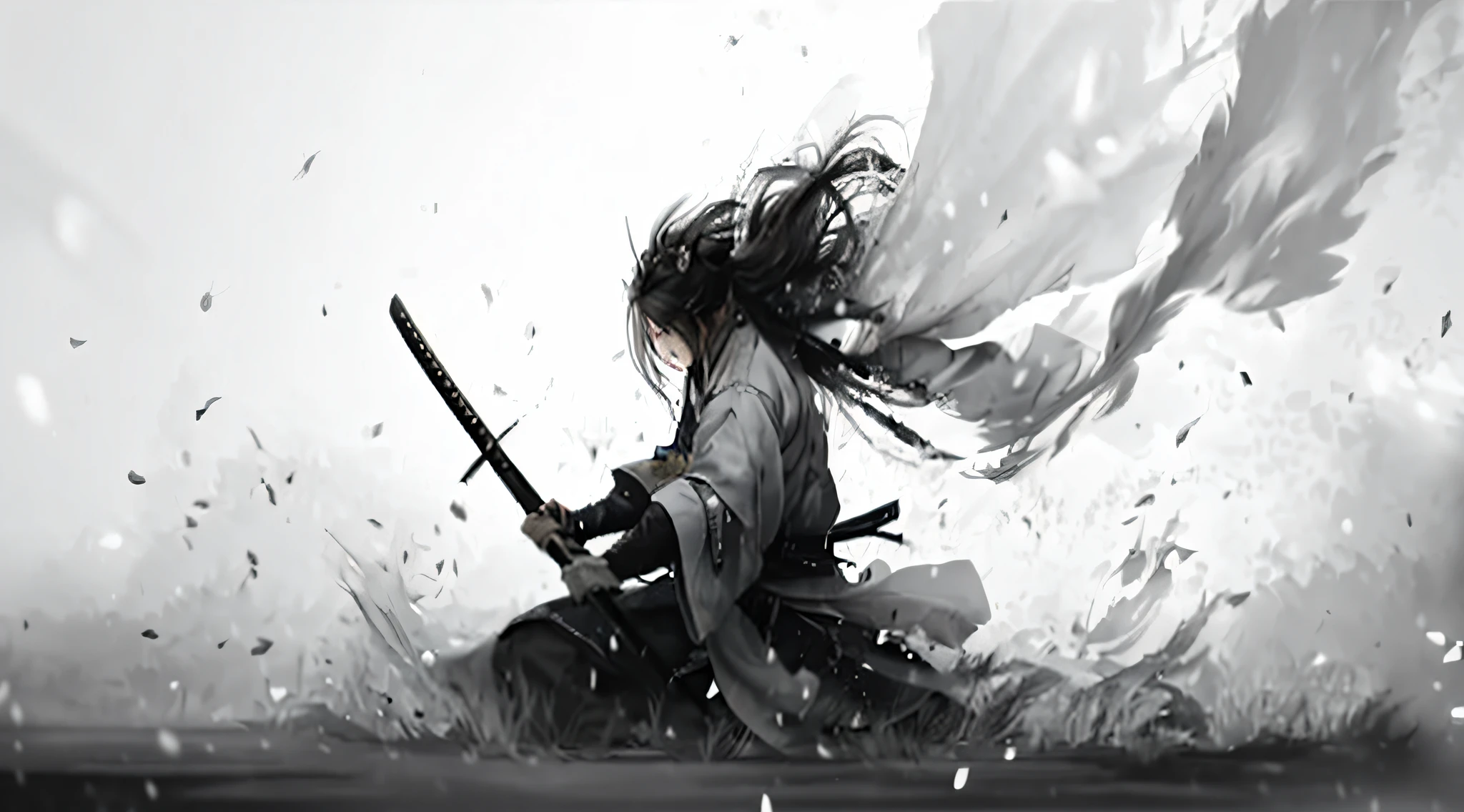 a black and white photo of a woman holding a sword, swordsman, from kenshin, samurai style, samurai warrior, rurouni kenshin, samurai man vagabond, miyamoto musashi, benedick bana, katana, inspired by Kanō Hōgai, inspired by Kanō Sanraku, samurai, sekiro