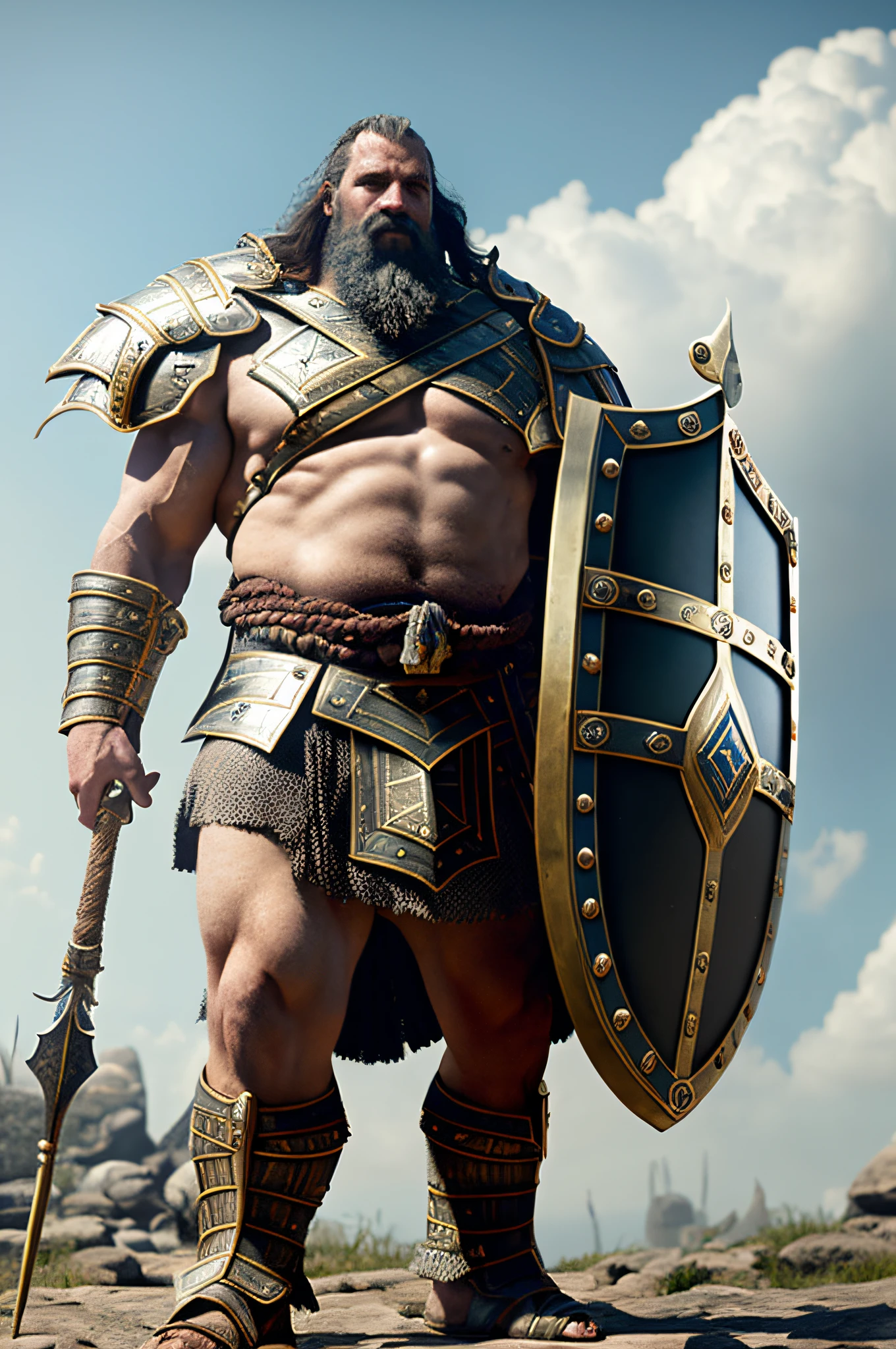 man in armor with a sword and shield standing on a rocky terrain, attractive flesh male with armor, airs with heavy armor and sword, image of an adult male warrior, ancient armor, attractive man with armor, fantasy warrior in full armor, strong fantasy knight, portrait of the greek god ares, male warrior, armored warrior, octane render, 3d, (((8k, Masterpiece, Best Quality)))