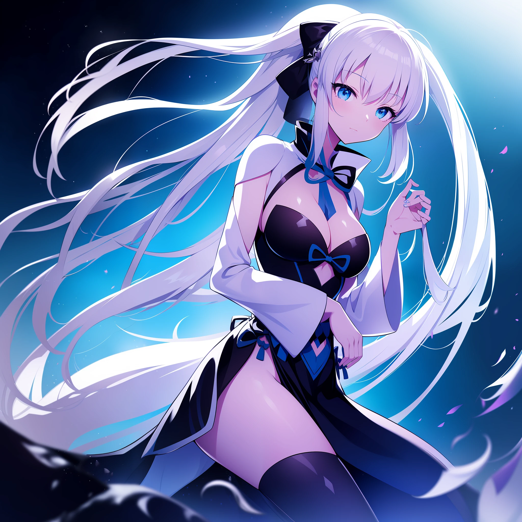 Anime girl in black and white dress with blue bow, Azure Lane style, video game from Azure Lane, anime moe art style, cute anime waifuku wearing beautiful skirt, character from Azure Lane, wearing dress, splash art anime, Mikudayo, zero zen art, small curves, anime style such as fate / stay night