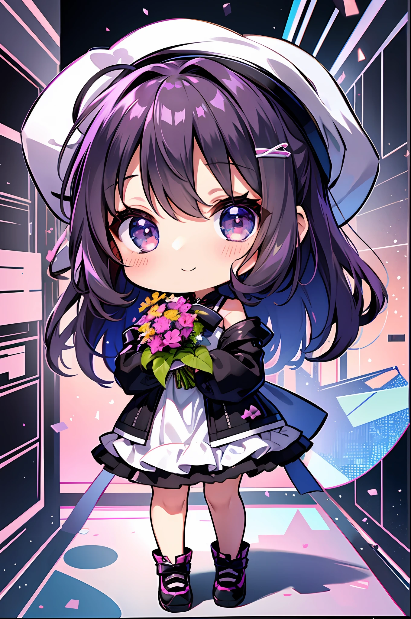 (Chibi: 1.3), happy, (holding a bouquet), full body,