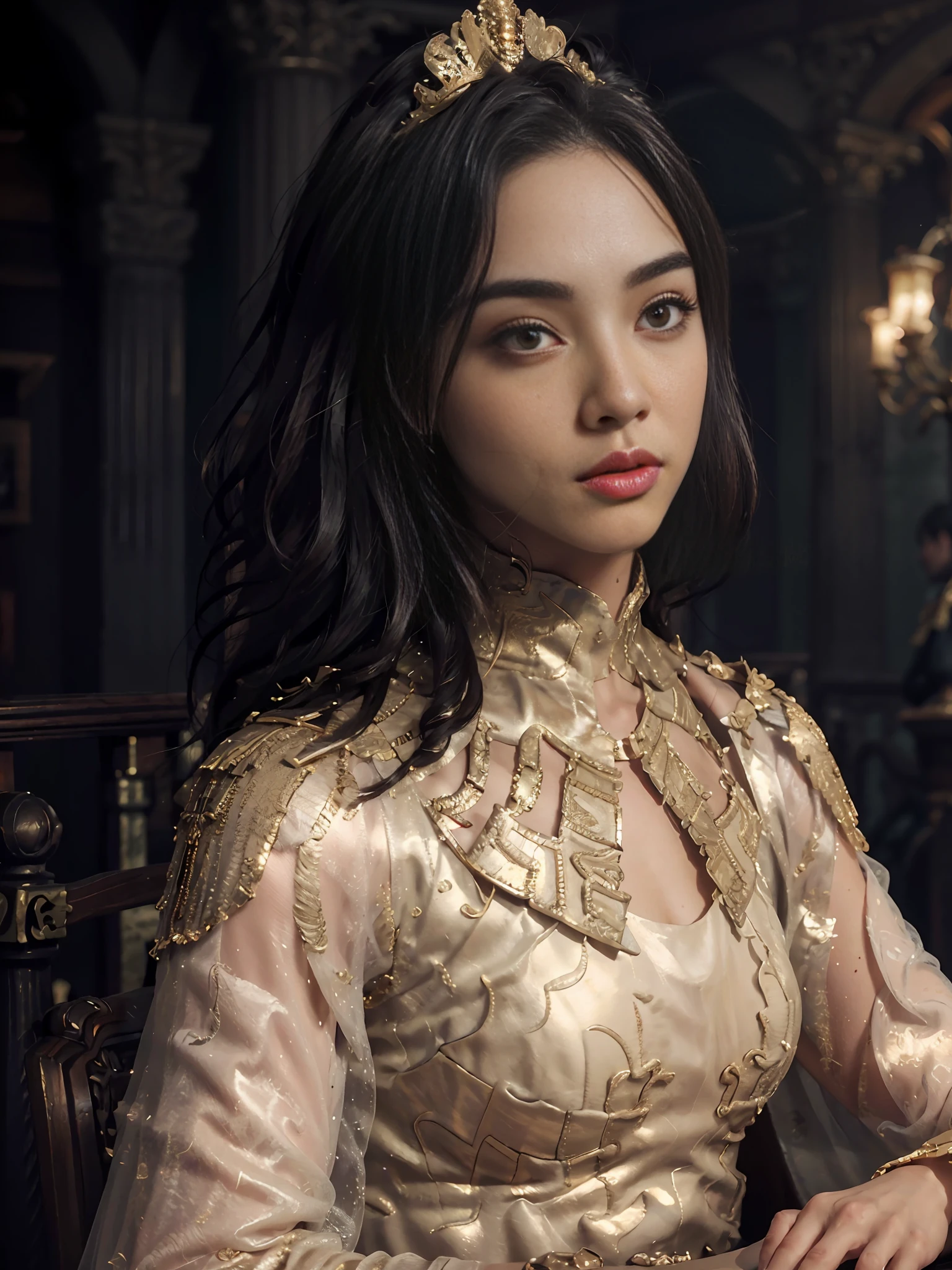 extremely beautiful girl, subtle makeup, silver hour, photorealistic, high contrast, 8k HD, detailed, hyper-detailed, realistic skin texture, long dark hair, big chest best quality, ultra high res, raw photo, dramatic lighting, unreal engine, intricate diffuse glow and golden tab, black cape, king's salon, standing