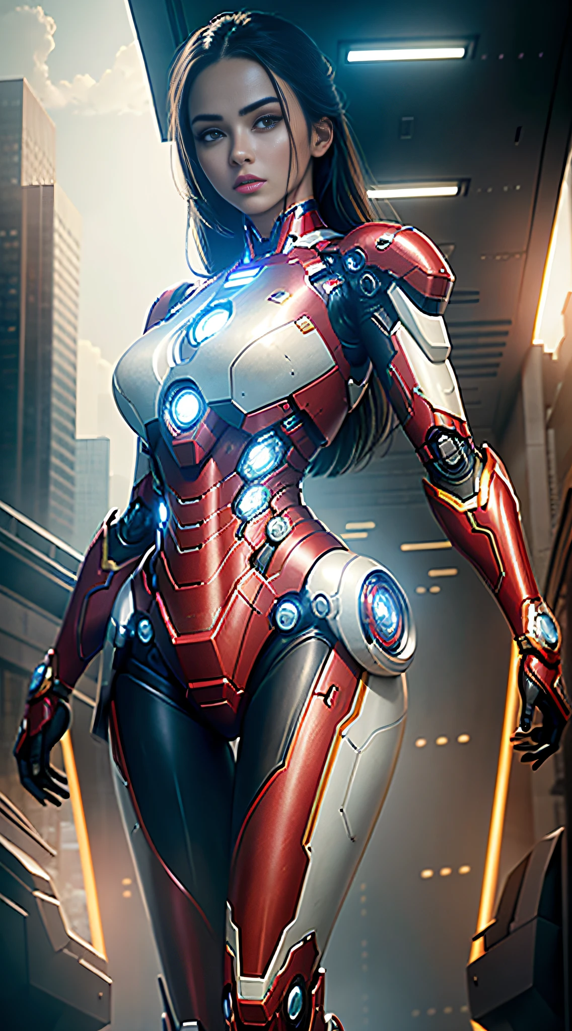 RAW, masterpiece, ultra thin photo, best quality, ultra high resolution, photorealistic, sunlight, full body portrait, incredibly beautiful, dynamic poses, delicate face, vibrant eyes, (side view), she is using a futuristic Iron Man engine, red and gold color scheme, highly detailed robot factory background, detailed face, detailed and complex busy background, messy, gorgeous, milky white, highly detailed skin, realistic skin details, visible pores, sharp focus, volumetric mist, 8k uhd, dslr camera, high quality, film grain, light skin, photorealism, lomography, expanding metropolis in futuristic dystopia, view from below, translucent