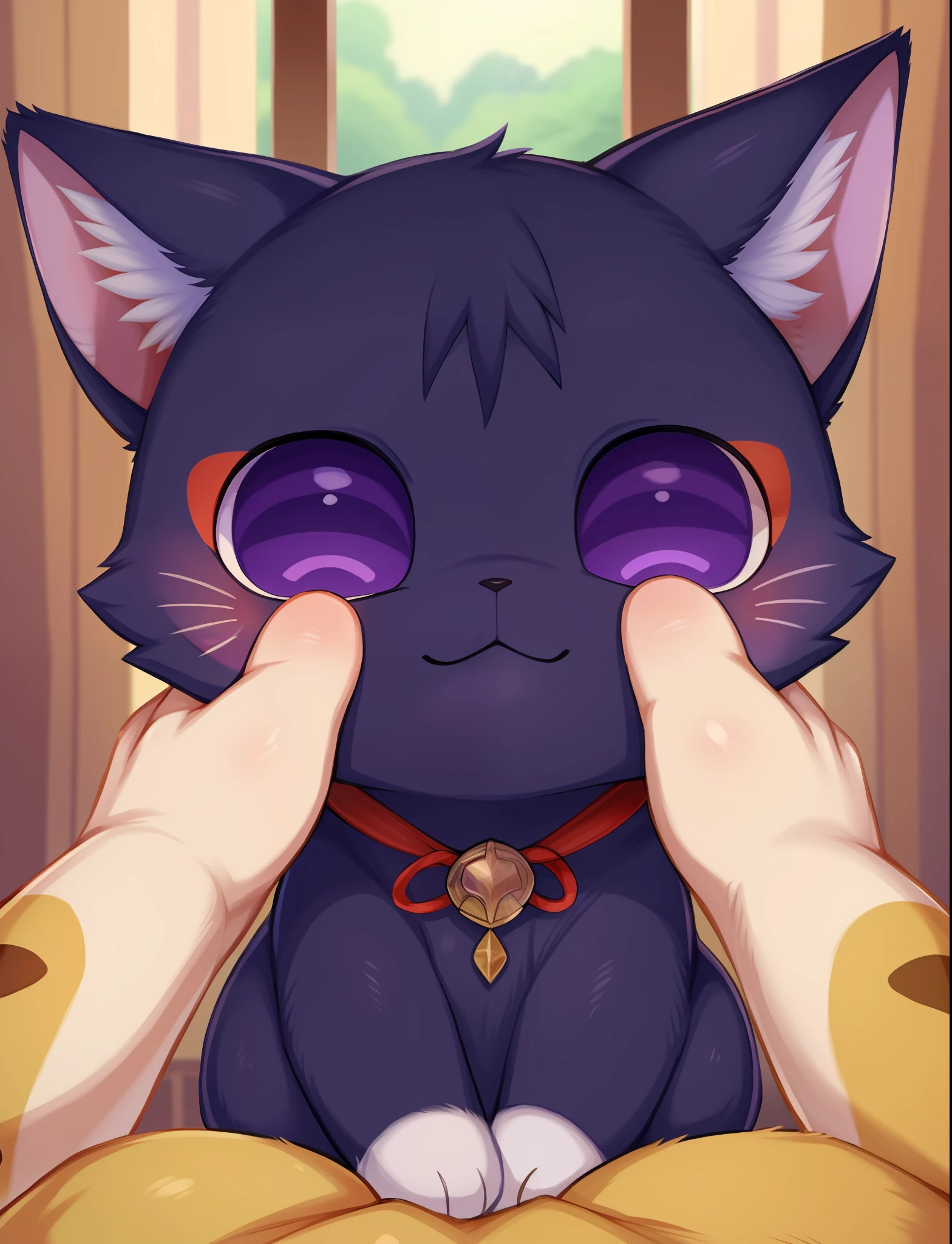 by syuro:0.5), chee-riee, /masterpiece, best quality, animal focus, solo, Scaracat, cat, purple eyes, red eyeliner, cute, solo, pov, 1other, hands on another's face