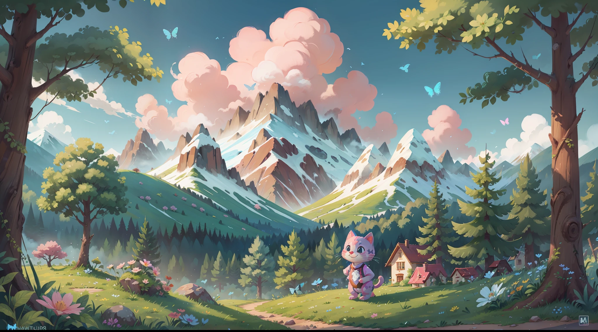 Blue sky, white clouds, mountains and forests in the distance, colorful flowers, butterflies, 1 pink kitten on the grass, anthropomorphic, smile, very detailed, best quality, 4K, cinematic lighting, first-person perspective