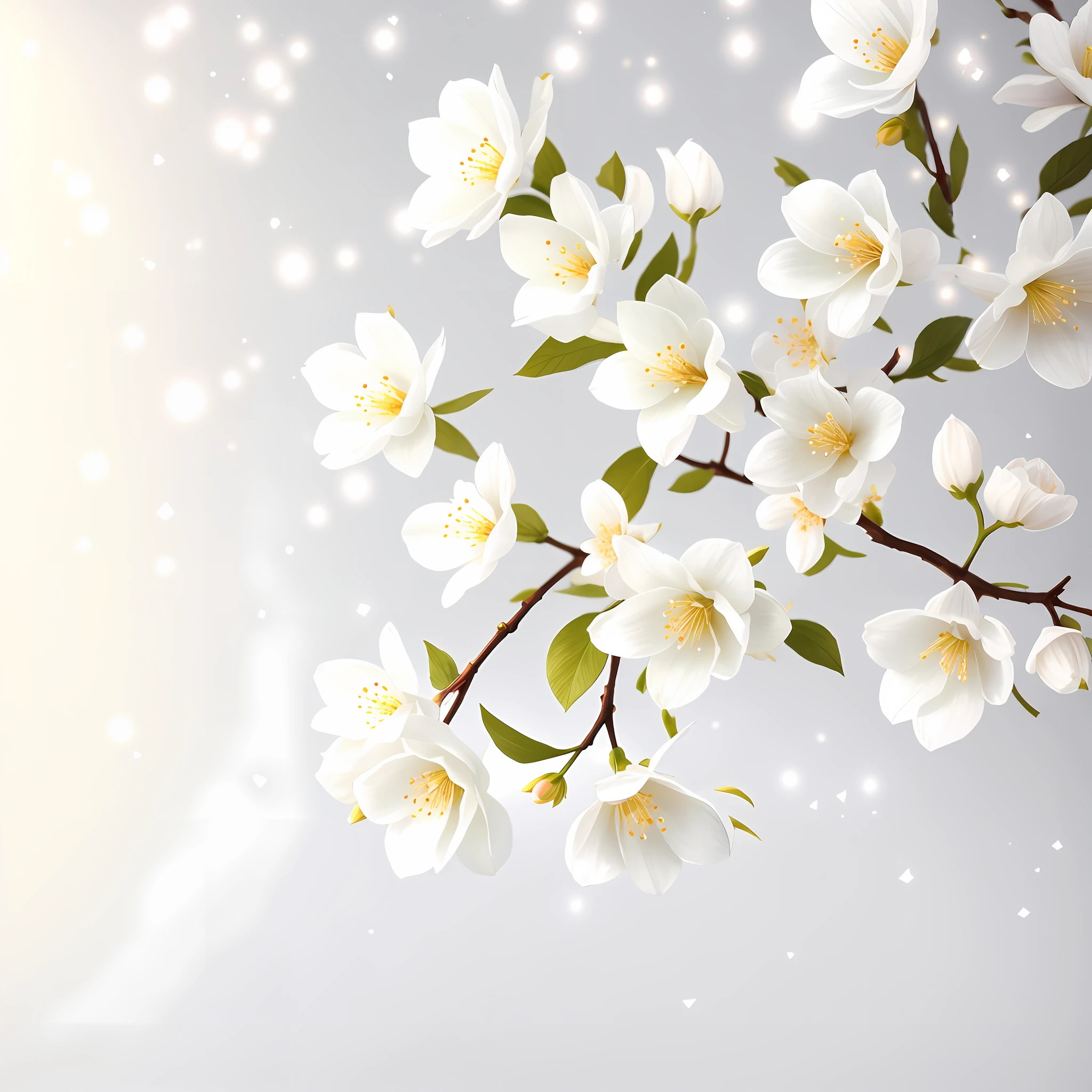 A bouquet of white plum blossoms, ultra-transparent, holy light, beautiful spectral light, dew on petals, twinkle, morning background, transparent droplets, reflected light, bright, light flowing inward, optical, portrait silhouette, sharp focus, magical, intricate, surrealism, fantasy, composition, light, art station trend, pearl, silver patronus cloud pair, caustic surround ray family 16k, ureal ar 23v4 uplight