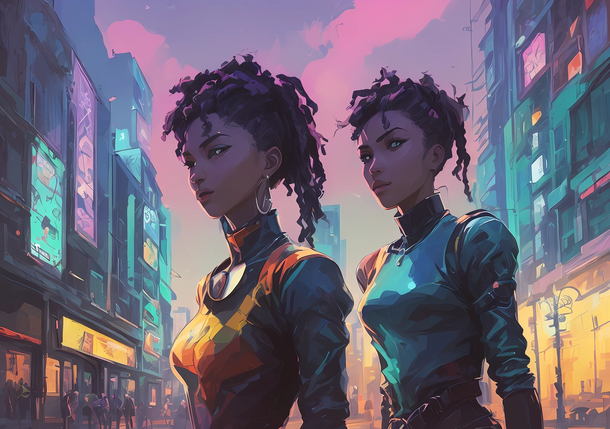 Woman portrait on street in style of stefan kostic, Andre Kertesz, Masamune Shirow, illustration, cartoone, artstation, synth vibe, (vaporwave colors), moody lighting, moody vibe, telephoto, (90s vibe), blurry background, tranquil, calm, faded, dark skin, African, short kinky hair,