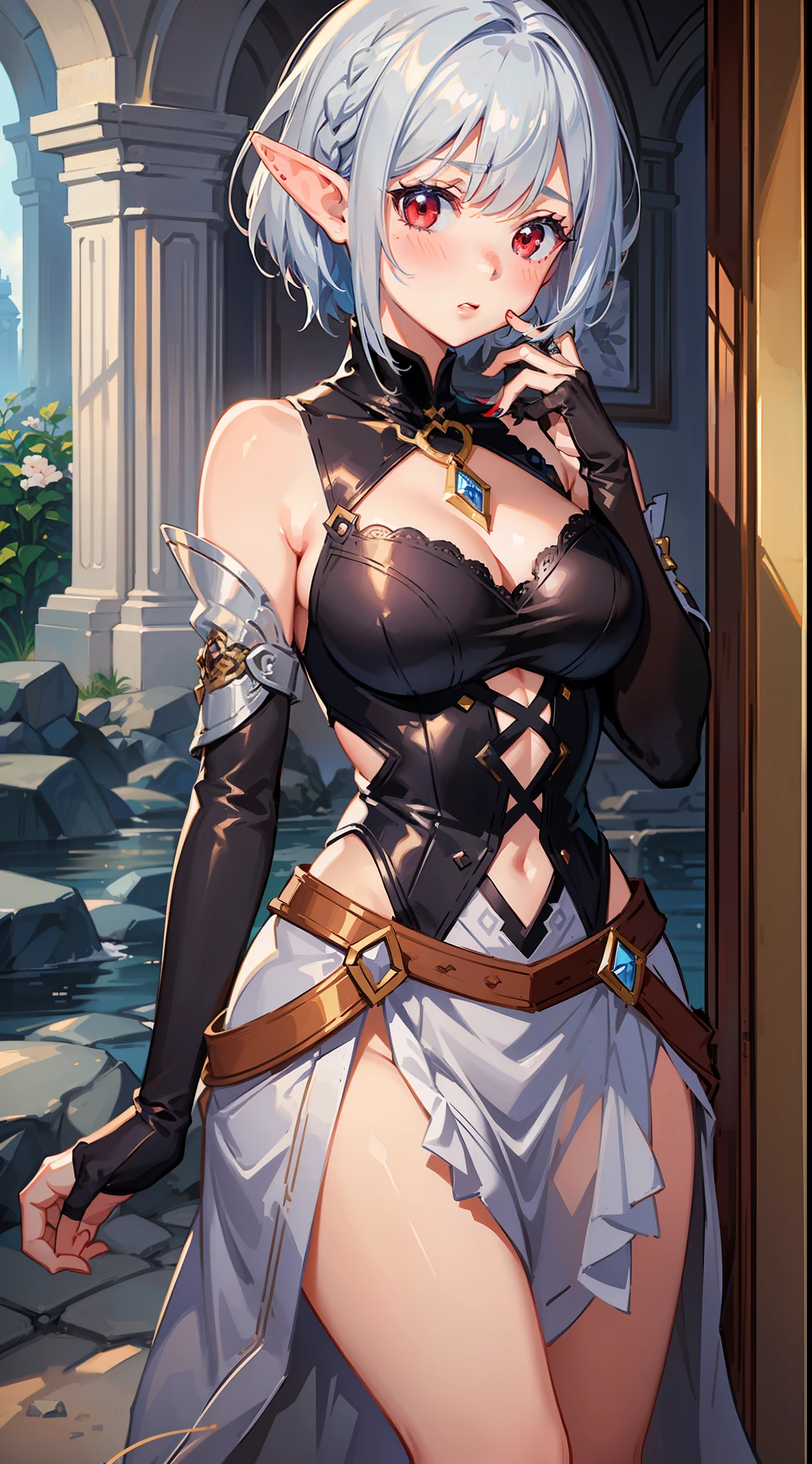 1 Girl's full body, elf, silver hair, red eyes, bob cut, braid, fantasy-style costume, (putting both hands on their face), (surprised), (blush), concept art, beautiful anime scene, beautiful anime scenery, top rating on pixiv, top quality, 4K