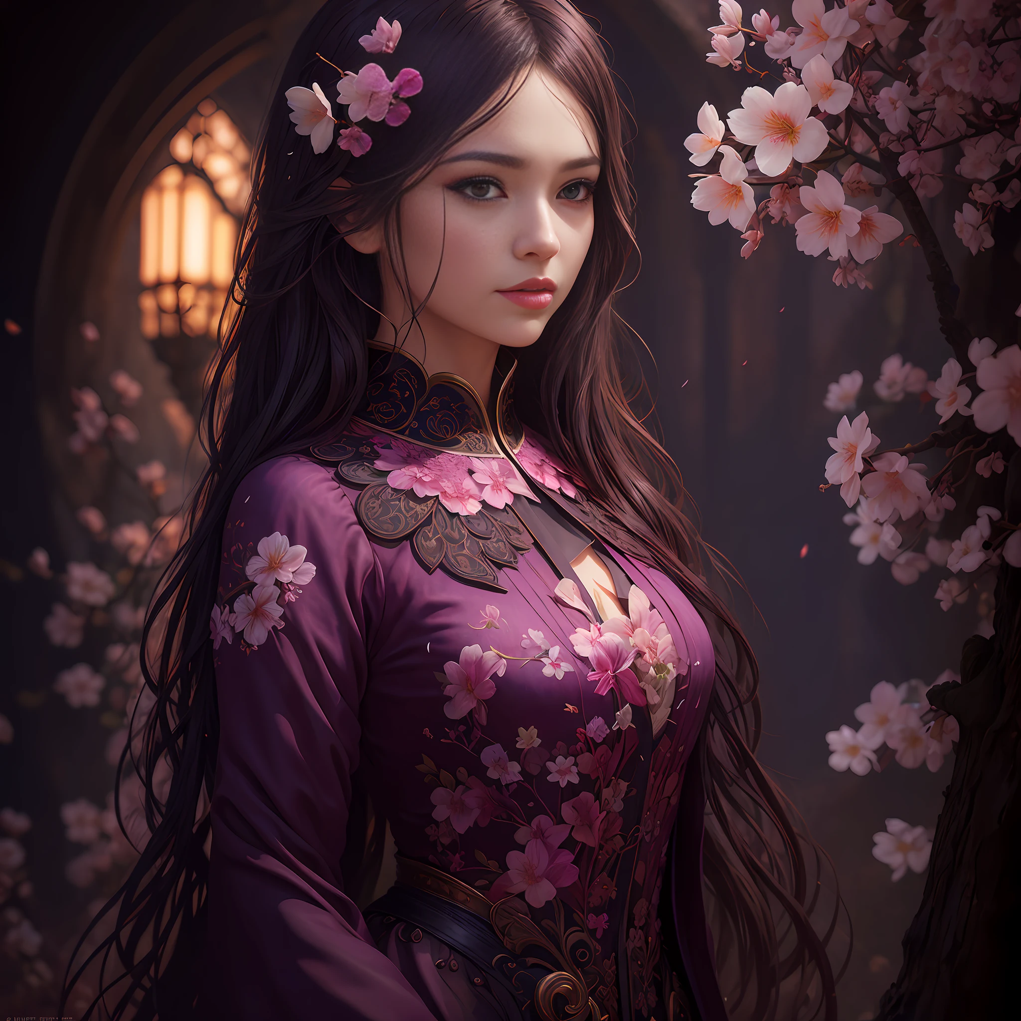 A flower by Casey Weldon, Olga Kvasha, Miho Hirano, hyperdetailed intricately detailed gothic art trending on Artstation triadic colors Unreal Engine 5 detailed matte painting, deep purple color, fantastical, intricate detail, splash screen, complementary colors, fantasy concept art, 8k resolution, gothic deviantart masterpiece, (dark shot:0.9), art by greg rutkowski and artgerm, soft cinematic light, adobe lightroom, photolab, hdr, intricate, highly detailed, pink cherry blossom